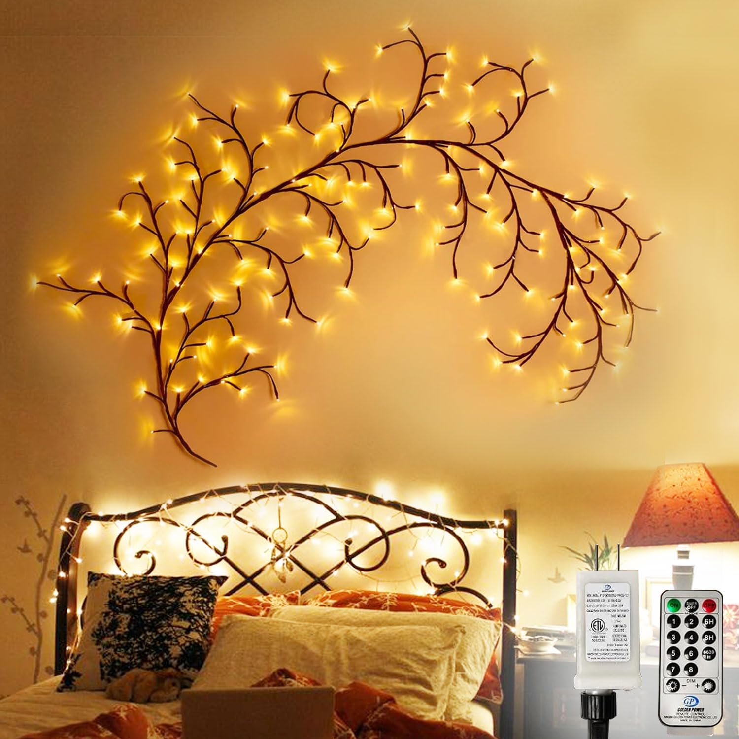 8FT Willow Vine Lights with Remote - 144 LED Fairy Lights for Indoor Wall Decor, Christmas Tree Branches, Enchanted Garden & Bedroom Lighting (1PCS) - Perfect for Home, Party & Wedding Decorations