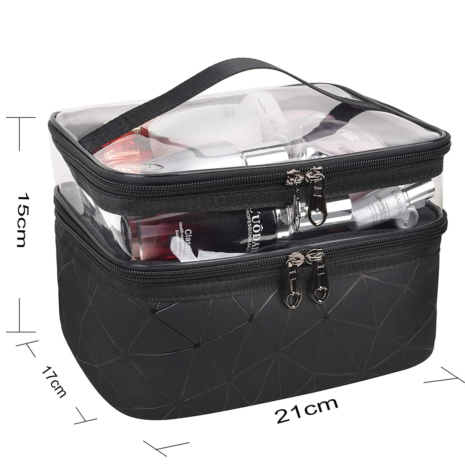 R RUNILEX Double Layer Large Clear Makeup Bag - Water-Resistant Travel Cosmetic Case & Toiletry Organizer for Women | Perfect for Camping, College, Gym & Daily Use (Black)
