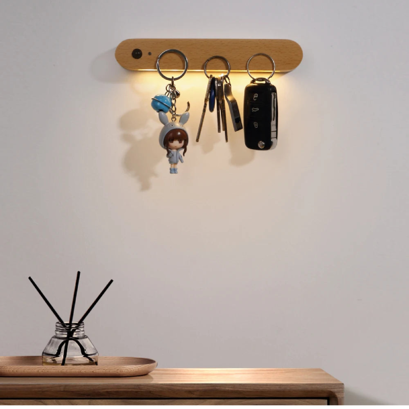 IllumiKey Magnetic Wooden Key Holder with Sensor Nightlight - Organize Keys & Find Them Easily in the Dark - Perfect for Entryway, Bedroom, or Office