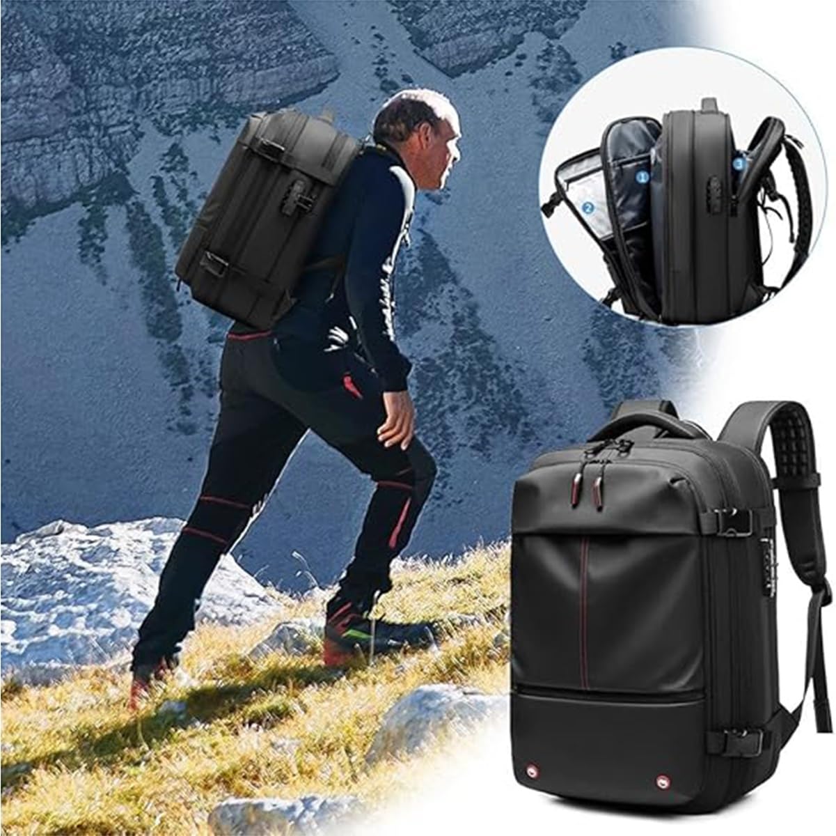 60L Expandable Vacuum Compression Backpack - Large Anti-Theft Travel Hiking Backpack, Waterproof Outdoor Sports Rucksack for Camping, Trekking & Adventure (Blue)