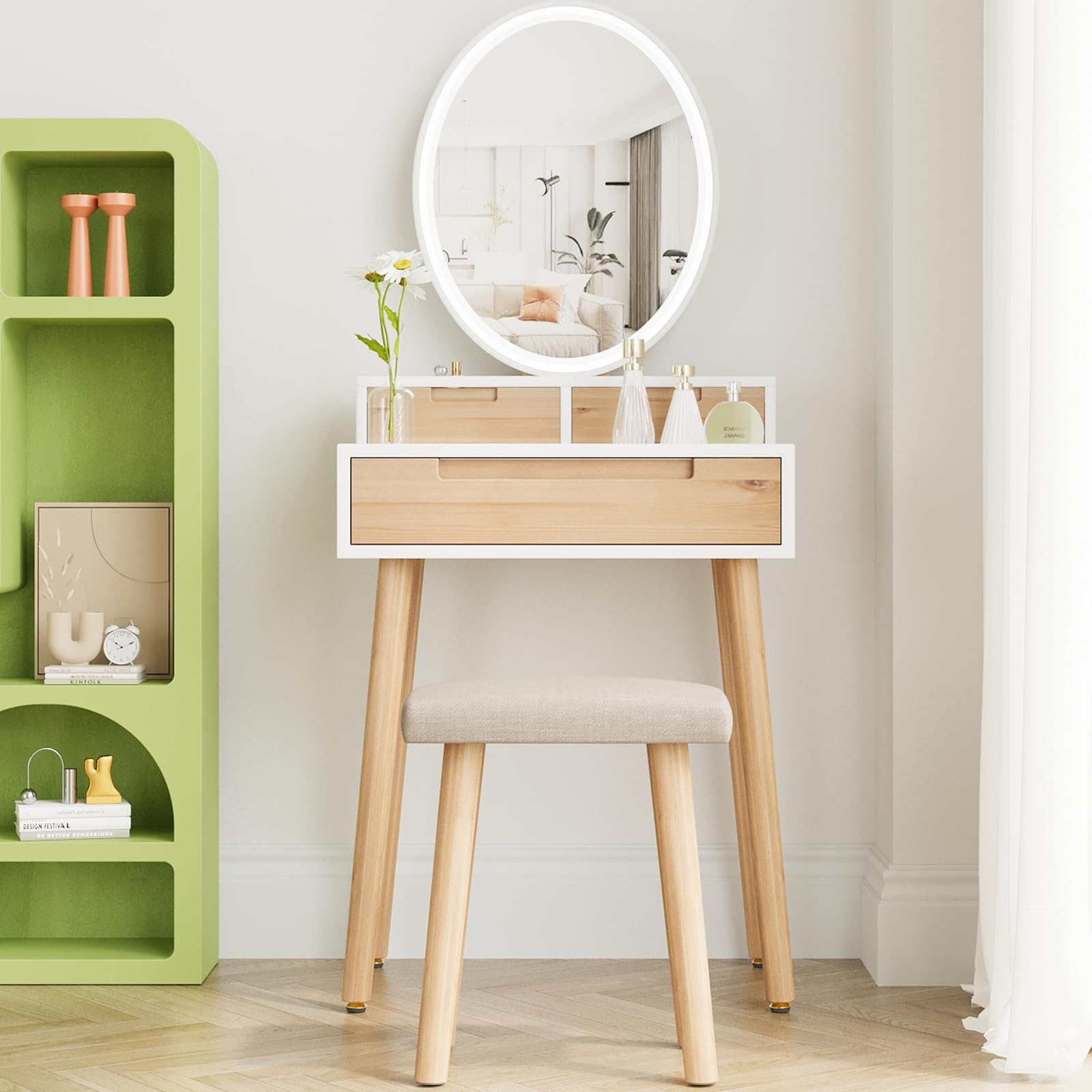 YOURLITE Small Makeup Vanity Desk with LED Lights - Adjustable Brightness Mirror, Compact Dressing Table with Drawers & Storage Shelves for Small Spaces - Perfect for Bedroom, Apartment & Dorm Room Beauty Setup