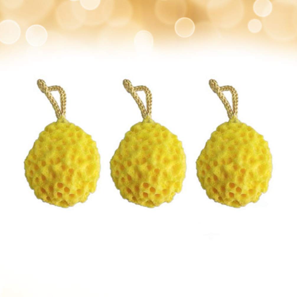 Exfoliating Loofah Sponge for Shower - 3 Pack Gentle Body Scrubber with Hanging Rope, Bath Pouf for Women, Men & Kids - Perfect for Exfoliation & Deep Cleaning (Ginger Yellow) - Ideal for Spa, Home & Travel Use