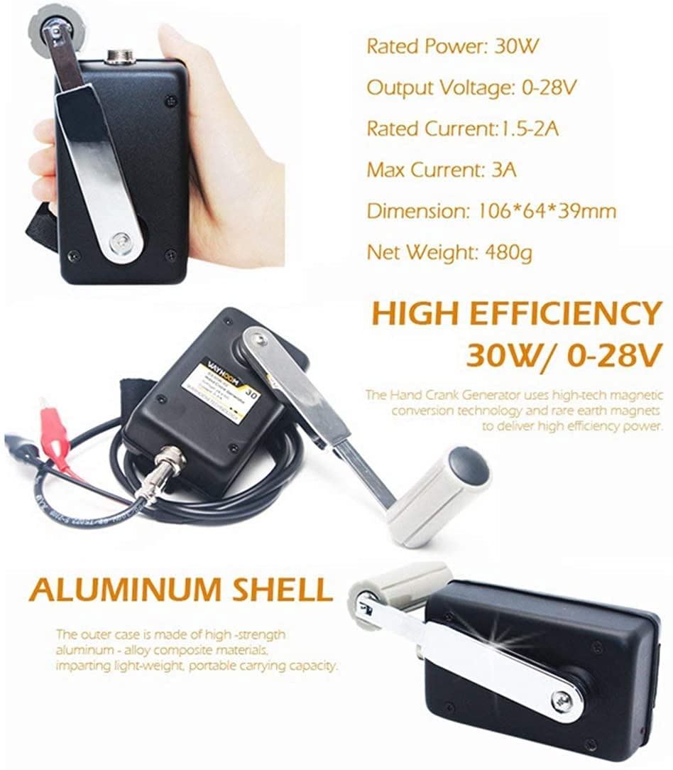 30W Hand Crank Generator with DC Converter - Portable 0-28V Dynamo Charger for Phones, Laptops & Emergency Power - Camping, Outdoor & Off-Grid Use - Black