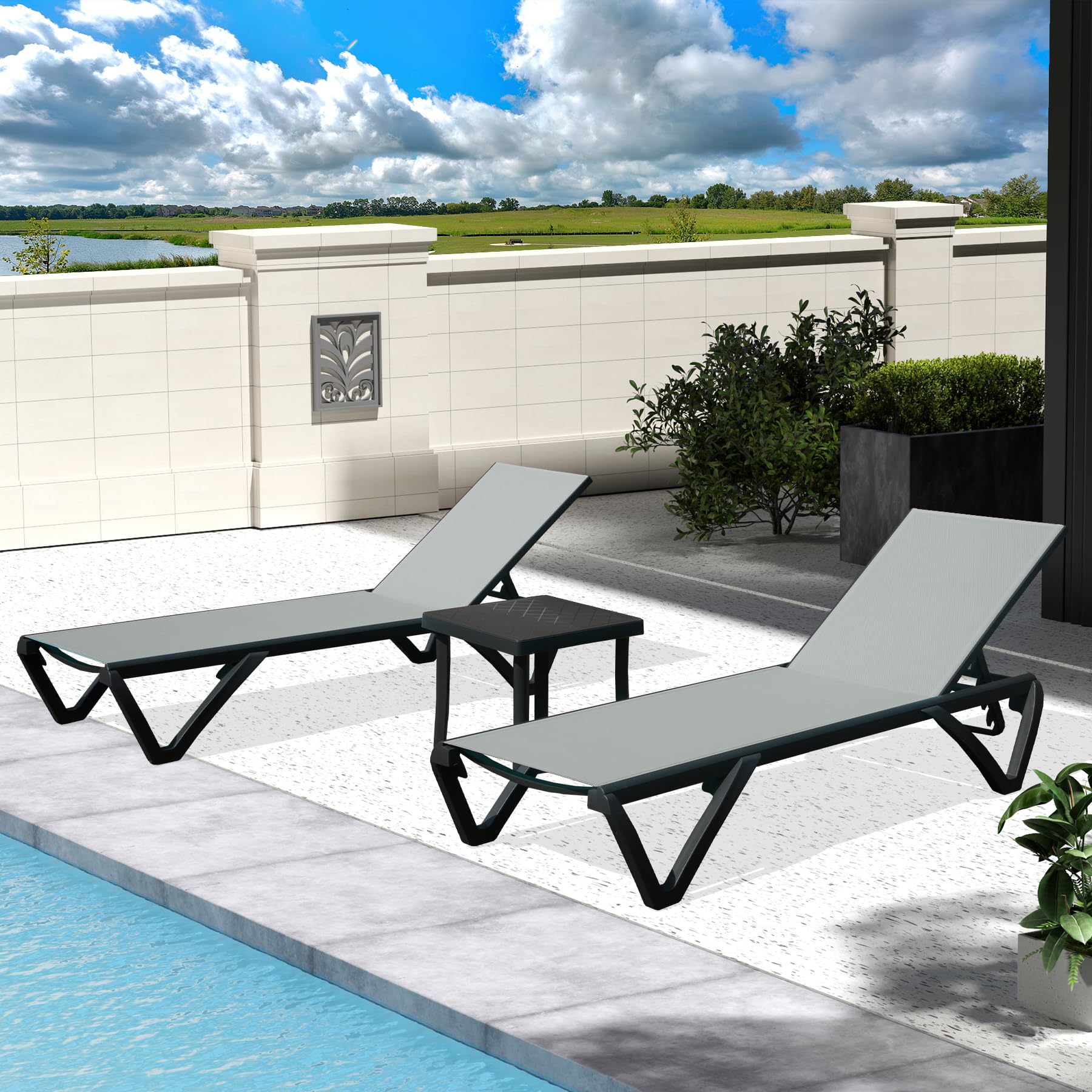 3-Piece Outdoor Chaise Lounge Set with Adjustable Recliner - Aluminum Patio Lounge Chairs for Tanning, Includes Side Table - Perfect for Poolside, Beach, Backyard & Garden Relaxation (Gray)