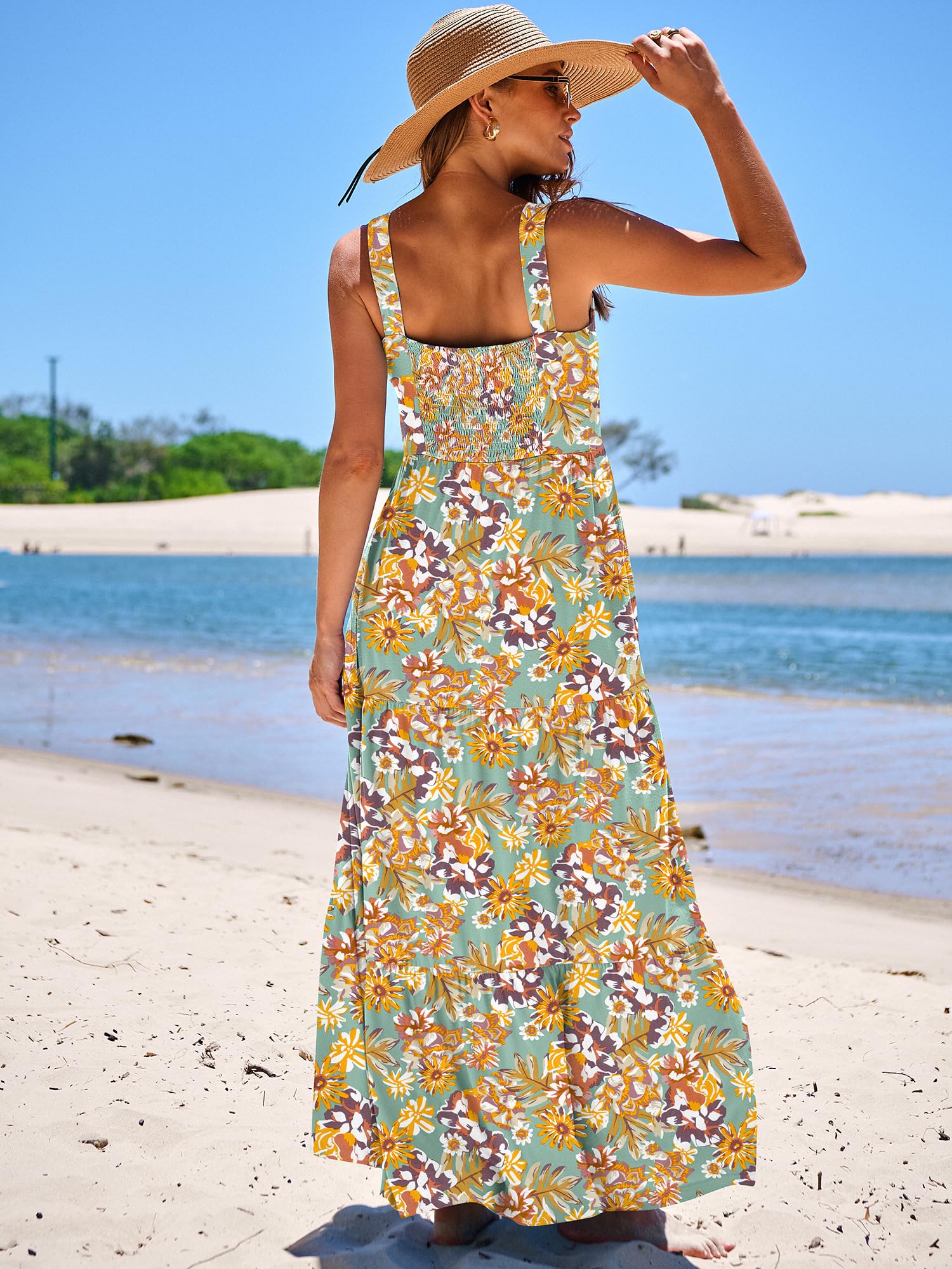 ANRABESS Women's Summer Maxi Dress - Sleeveless Square Neck Flowy Tiered Sun Dress with Pockets for Beach Vacation, Casual Outings, and Outdoor Events