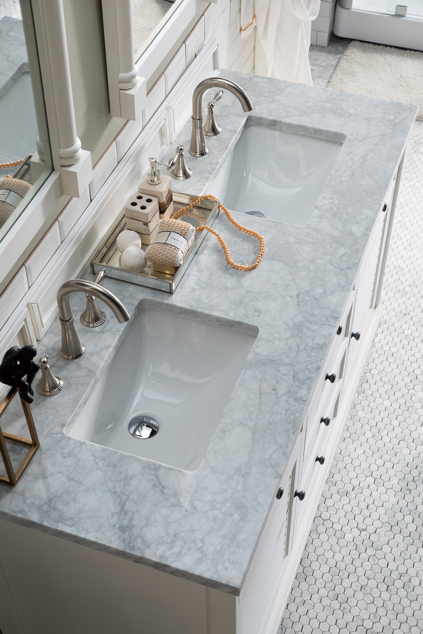 Savannah 60-Inch Bright White Double Bathroom Vanity with 3CM Carrara White Marble Top - Perfect for Master Bathroom Renovation & Modern Home Decor
