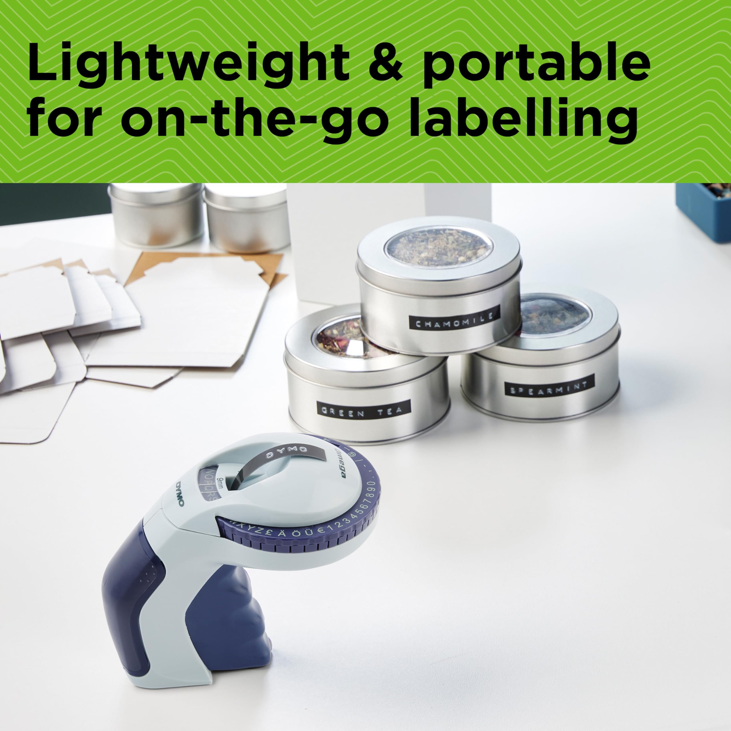 DYMO Embossing Label Maker Starter Kit with 3 Label Tapes - Compact & Ergonomic Design with Turn Click Wheel - Perfect for Home Organization, DIY Projects, Crafting & Office Use (Compatible with £/€, Ä, Ö & Ü Characters)
