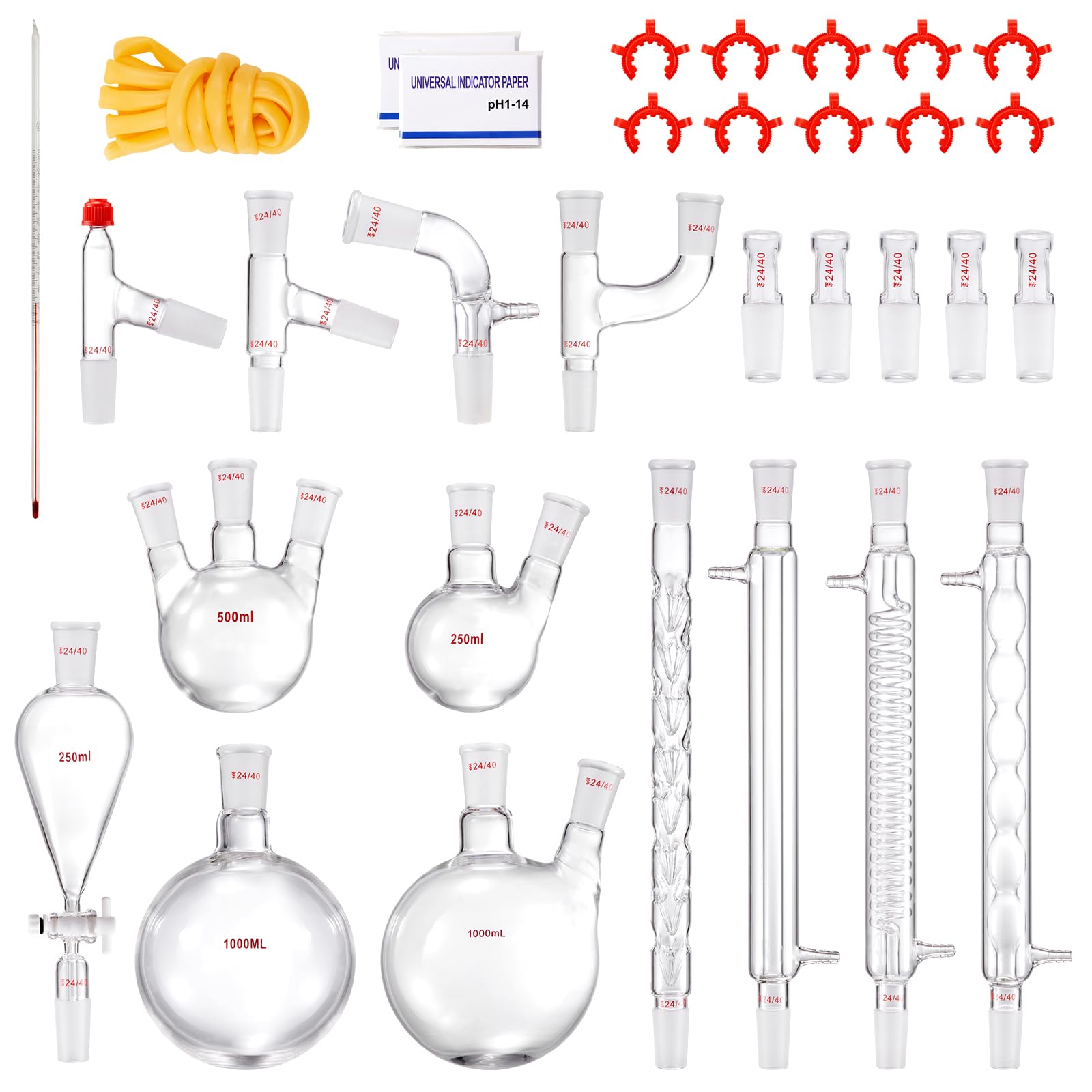 VEVOR 3.3 Boro Lab Glass Distillation Kit - 1000ml Essential Oil Extraction Apparatus with 24/40 Joints, 32-Piece Chemistry Glassware Set for Home DIY, Aromatherapy & Herbal Distillation