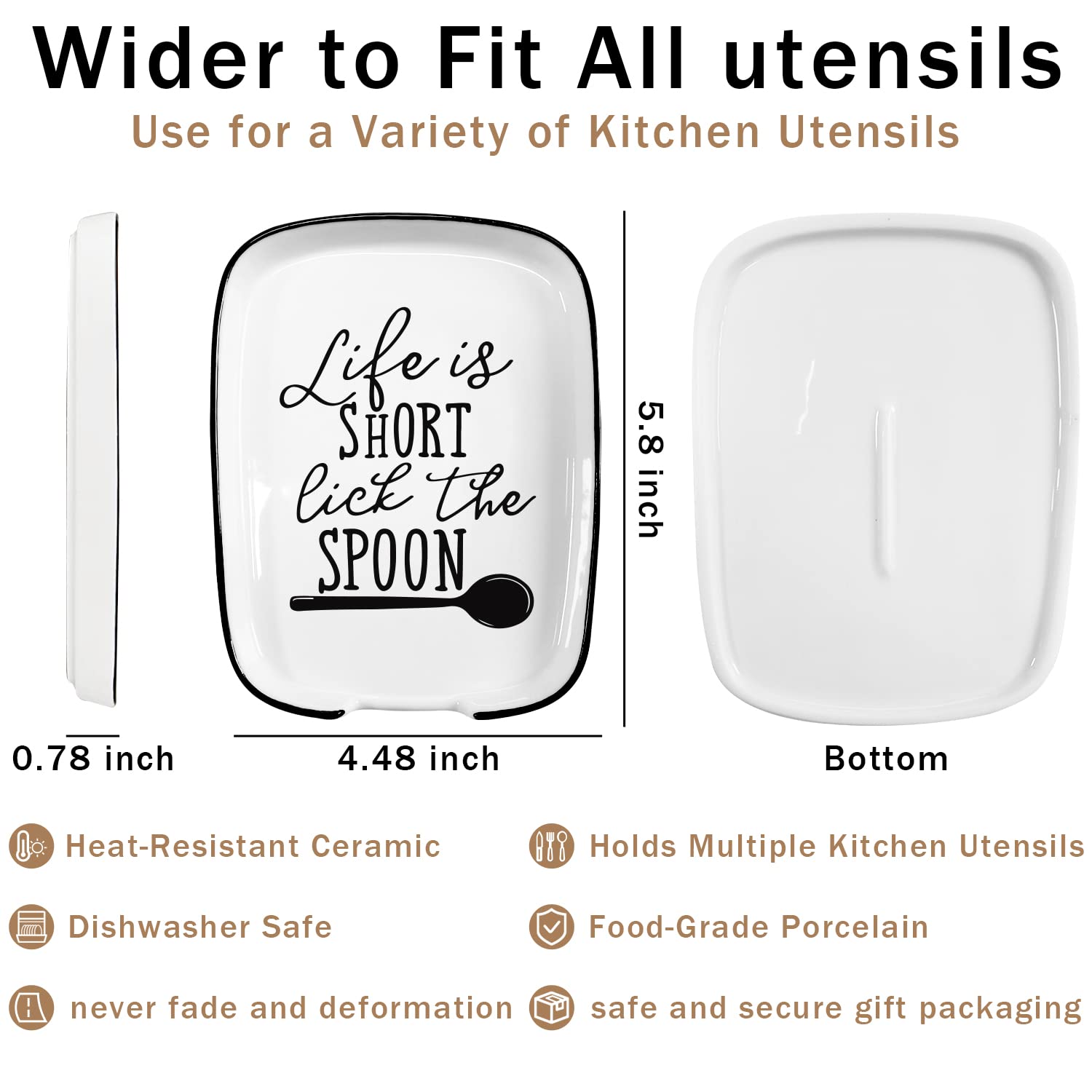 Funny Life is Short Lick the Spoon Ceramic Spoon Rest for Stove Top, Modern Farmhouse Kitchen Cute Decor, Perfect for Cooking and Baking on Kitchen Counter