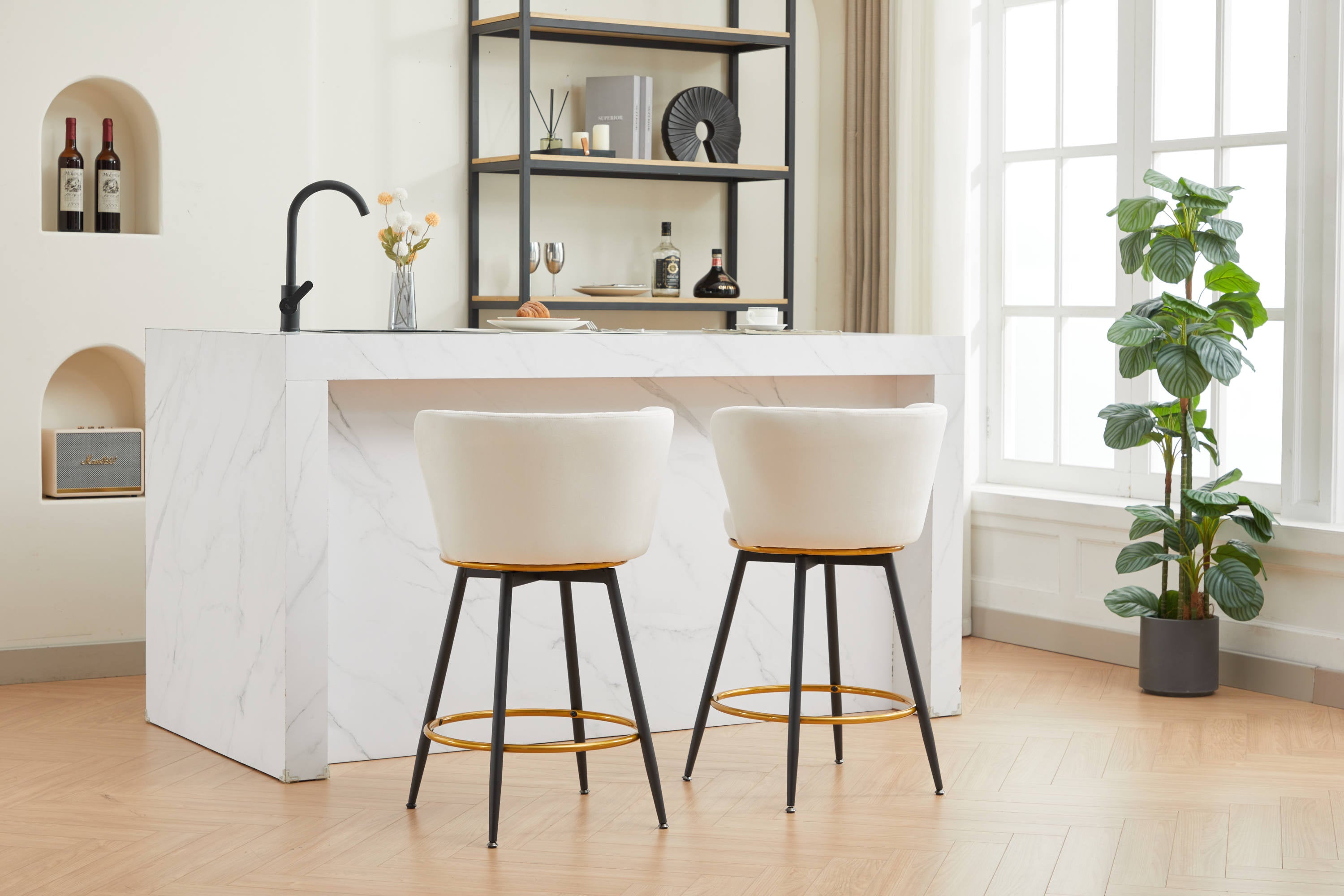 Set of 2 Counter Height Bar Stools - 360° Swivel Upholstered Barstools with Back Support & Sturdy Metal Legs, 26 Inch Seat Height, Soft Velvet Fabric, Gold Footrest - Perfect for Kitchen Islands, Breakfast Bars & Home Bars