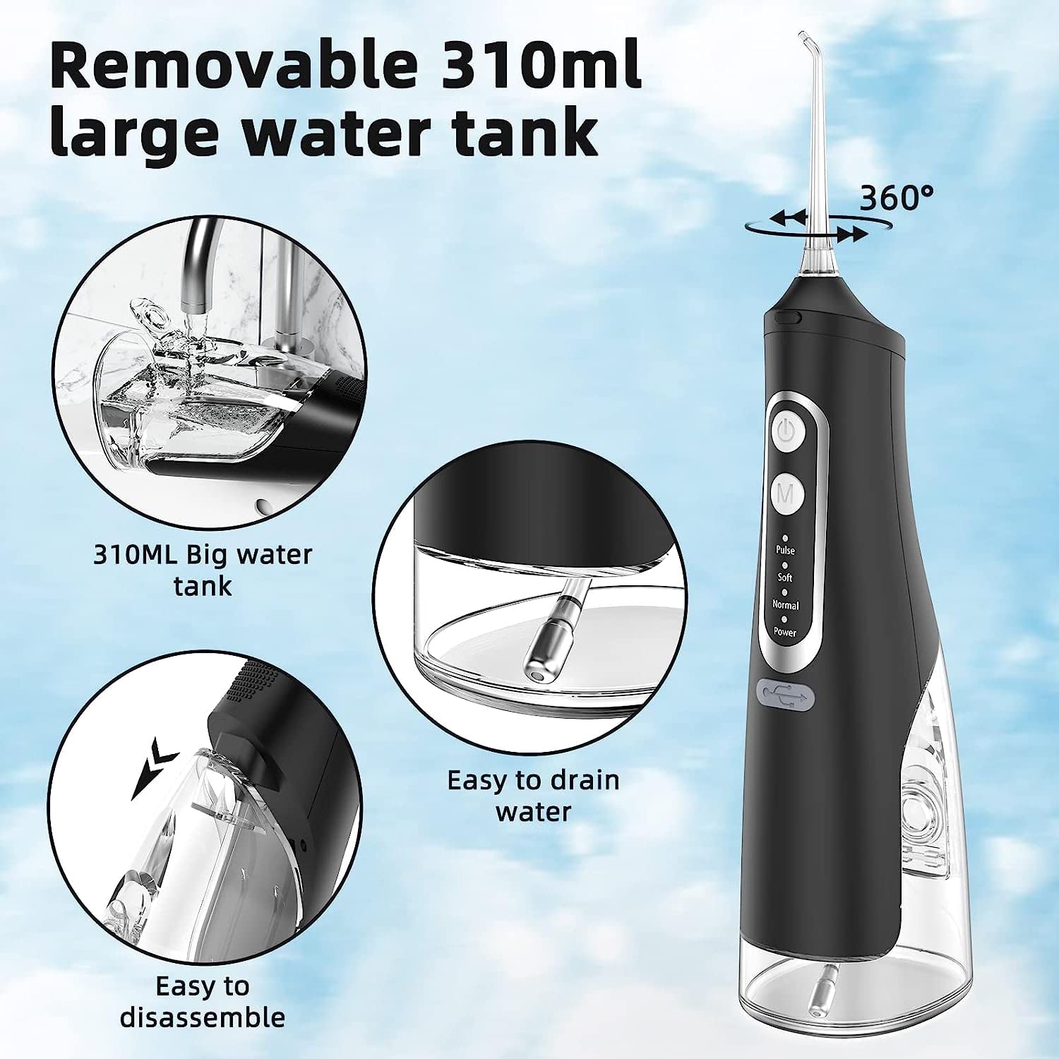 Premium Water Flosser for Teeth Cleaning - 4 Modes Rechargeable Oral Irrigator with 4 Nozzle Tips, Long Battery Life & IPX7 Waterproof - 310ML Large Water Tank (Black) | Perfect for Home Dental Care, Travel & Braces Cleaning