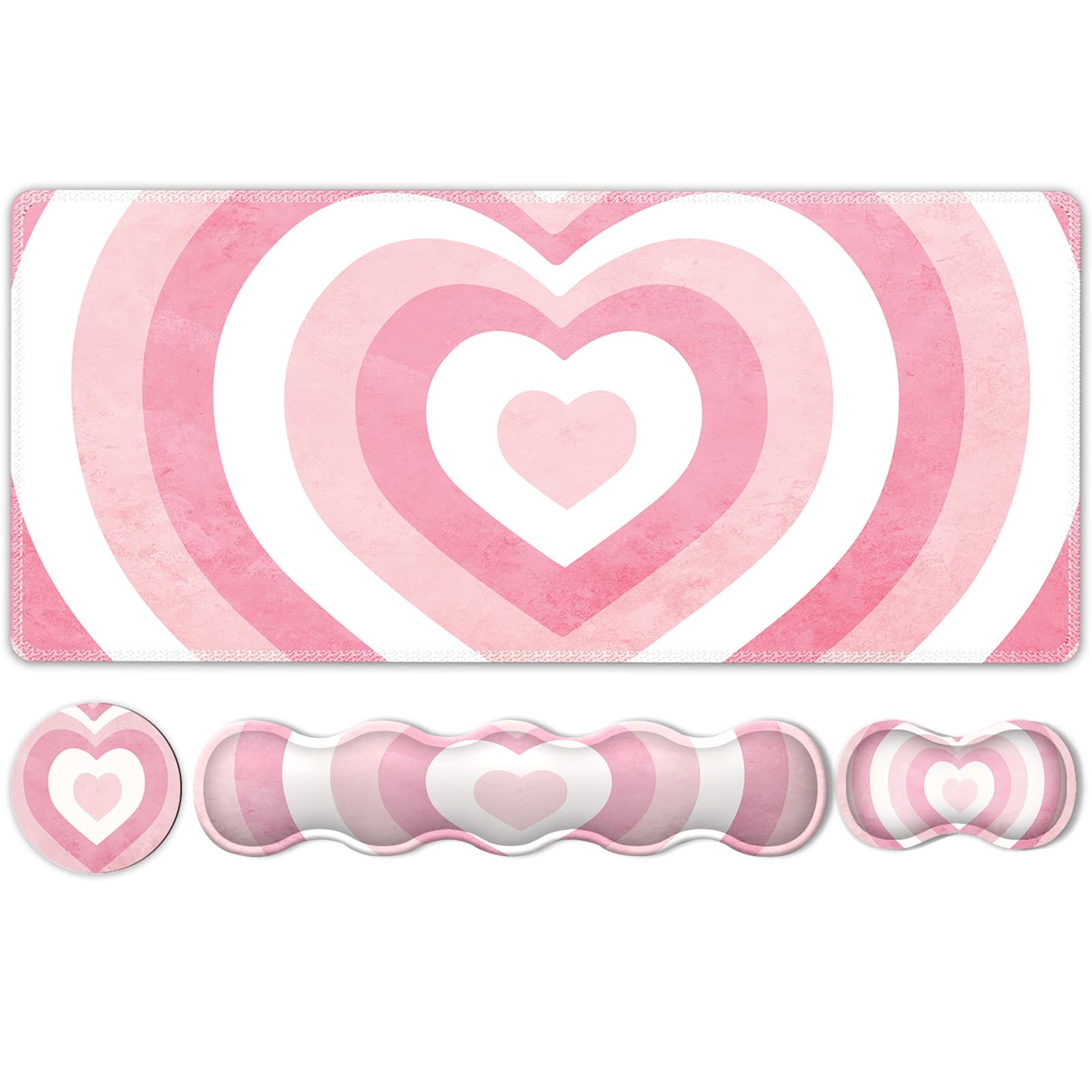 iLeadon Large Gaming Mouse Pad Set with Keyboard Wrist Rest & Mouse Wrist Support - Non-Slip Desk Mat, Coaster & Pain Relief for Typing - Perfect Valentine's Day Gift for Her (Pink Heart Design) - Ideal for Gaming, Office Work & Home Computer Use