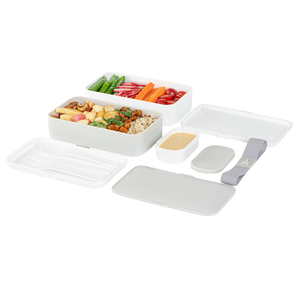 Bento Tek 41 oz Gray & White Buddha Box - All-in-One Lunch Container with Utensils & Sauce Cup (7.25