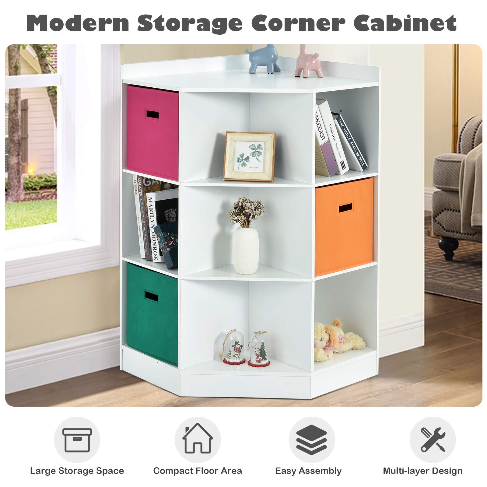 HONEY JOY 9-Cubby Wooden Kids Toy Storage Organizer with Display Shelf & 3 Removable Baskets - Corner Toy Bin Cabinet for Playroom, Nursery, Daycare & Kids Bedroom Organization (White) - Perfect for Small Spaces & Montessori Play Areas