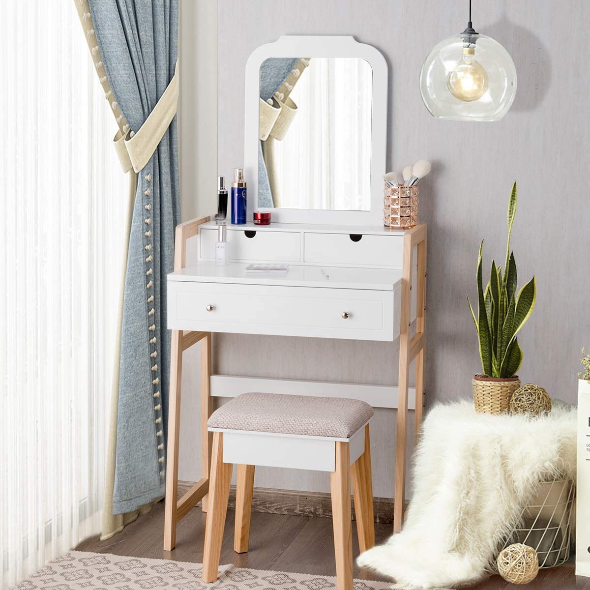 Charmaid 25-inch Vanity Set with 3 Drawers, Large Mirror & Cushioned Stool - Modern Makeup Dressing Table for Women & Girls, Space-Saving Design Perfect for Small Apartments, Bedrooms & Dorm Rooms