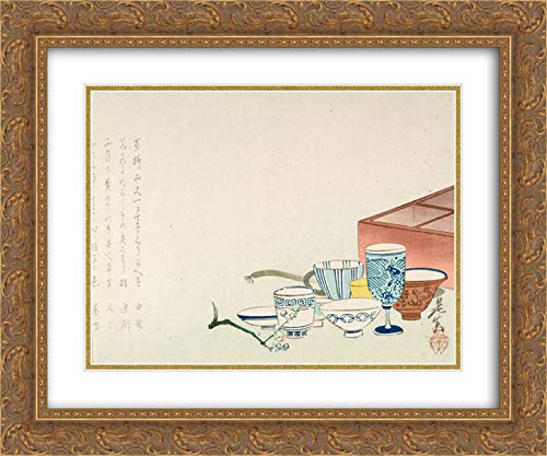 Elegant Porcelain Tea Cups Set of 24 with 20x24 Gold Ornate Frame - Shibata Zeshin Museum-Quality Double Matted Art Print | Perfect for Home Decor, Tea Parties & Japanese Art Collections