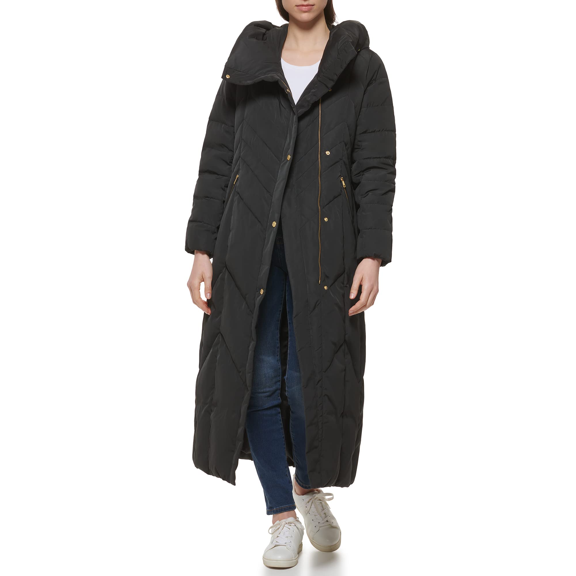 Cole Haan Women's Taffeta Down Puffer Jacket with Convertible Collar & Chevron Quilting - Warm Winter Coat for Work, Travel & Outdoor Activities