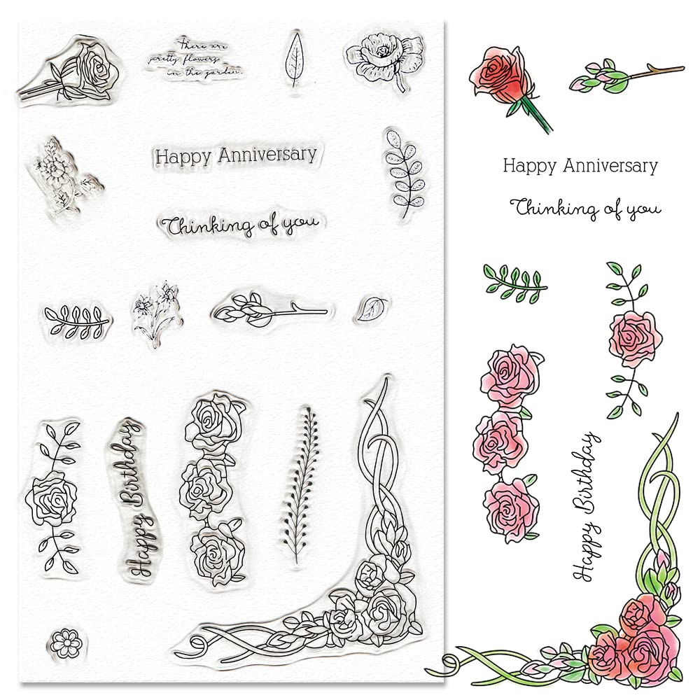 Threetols Spring Flower Frame Clear Stamps Set - Rose & Leaves Rubber Stamps for DIY Card Making, Scrapbooking, Paper Crafts - Perfect for Holiday Cards, Wedding Invitations & Home Decor