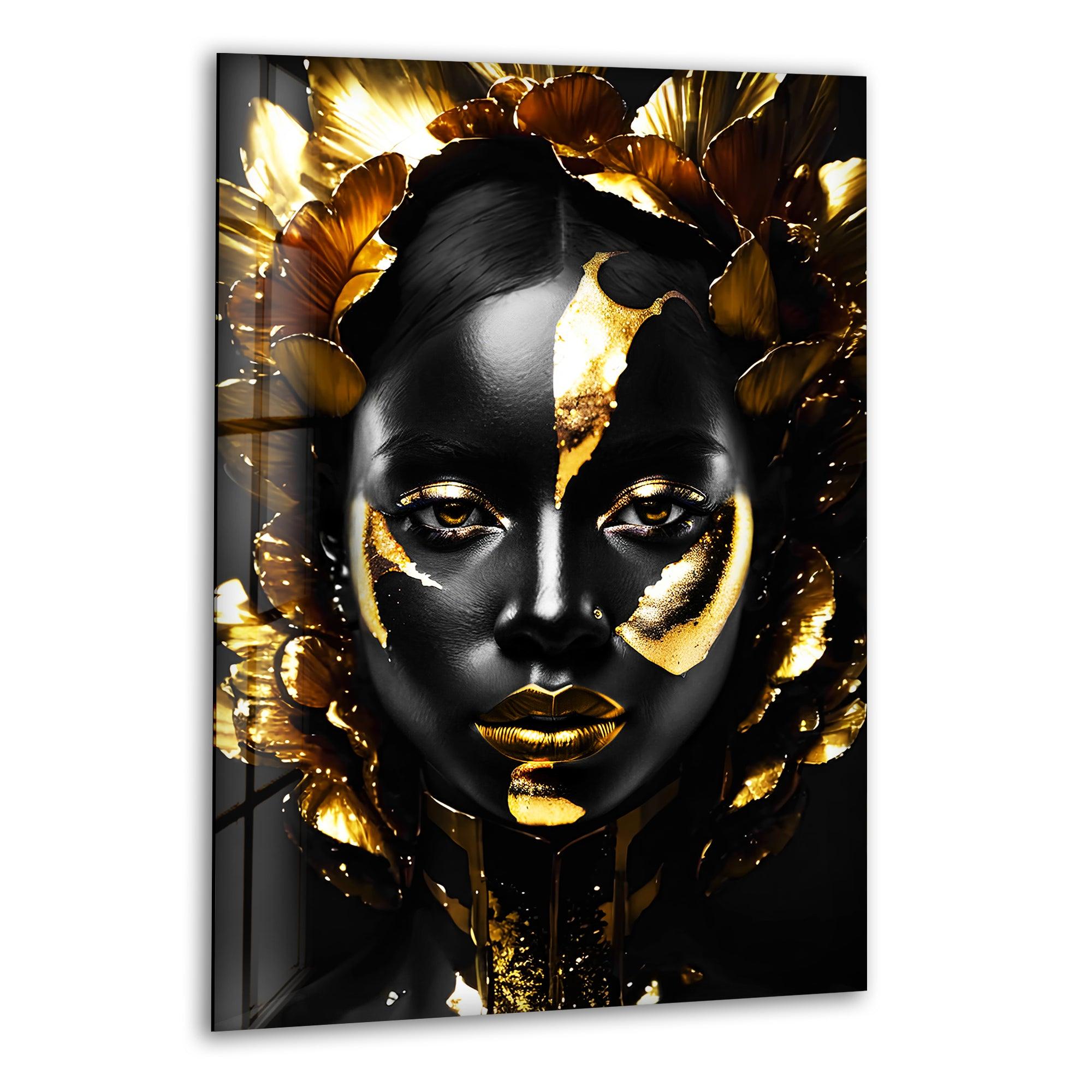 Elegant Black Woman Gold Face Glass Wall Art - Modern Home Decor for Living Room, Bedroom & Office