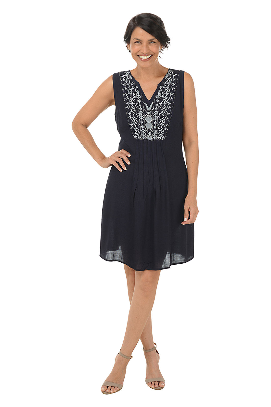 Navy Blue Diamond Embroidery Pleated Sleeveless Summer Dress for Women - Perfect for Beach Vacations, Cocktail Parties & Date Nights