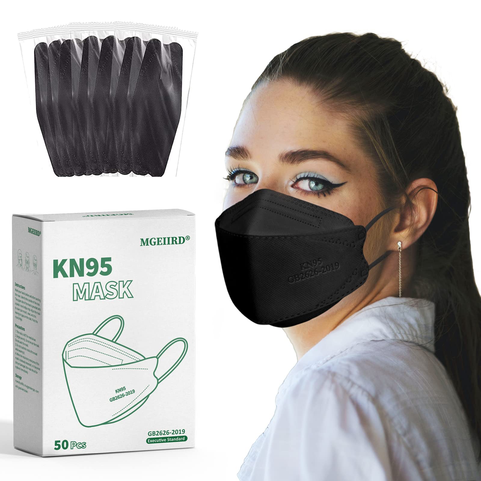 KN95 Face Masks for Adults - 50 Pcs Individually Wrapped, 5-Ply Black Disposable Face Mask with 95% Filtration Efficiency - Protection Against PM2.5, Smoke, Dust & Air Pollution - Ideal for Work, Travel & Daily Commute