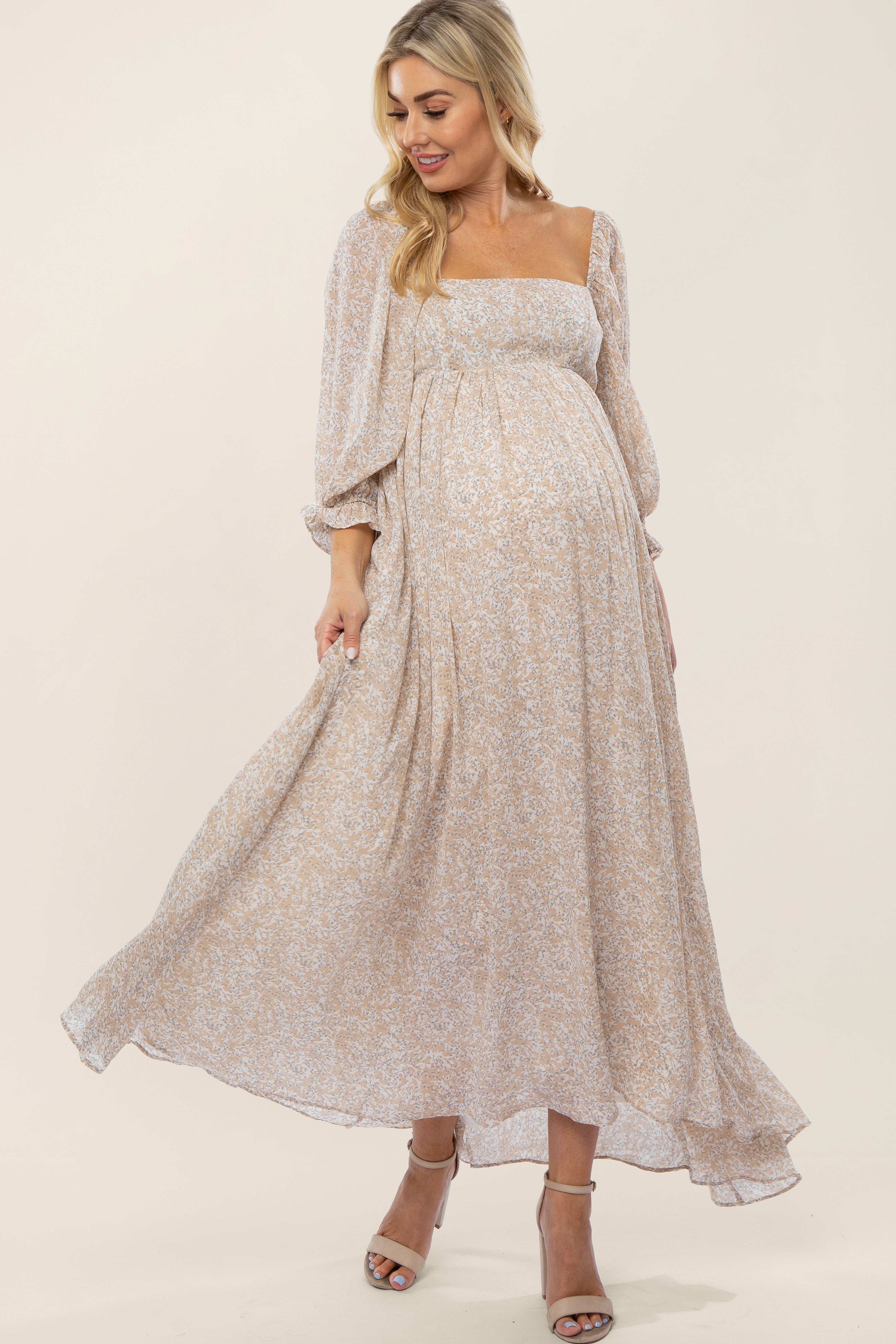 Beige Chiffon Printed Square Neck Empire Waist Maternity Maxi Dress for Pregnancy, Nursing & Special Occasions - Flowy Summer Wedding Guest Dress & Photoshoot Outfit