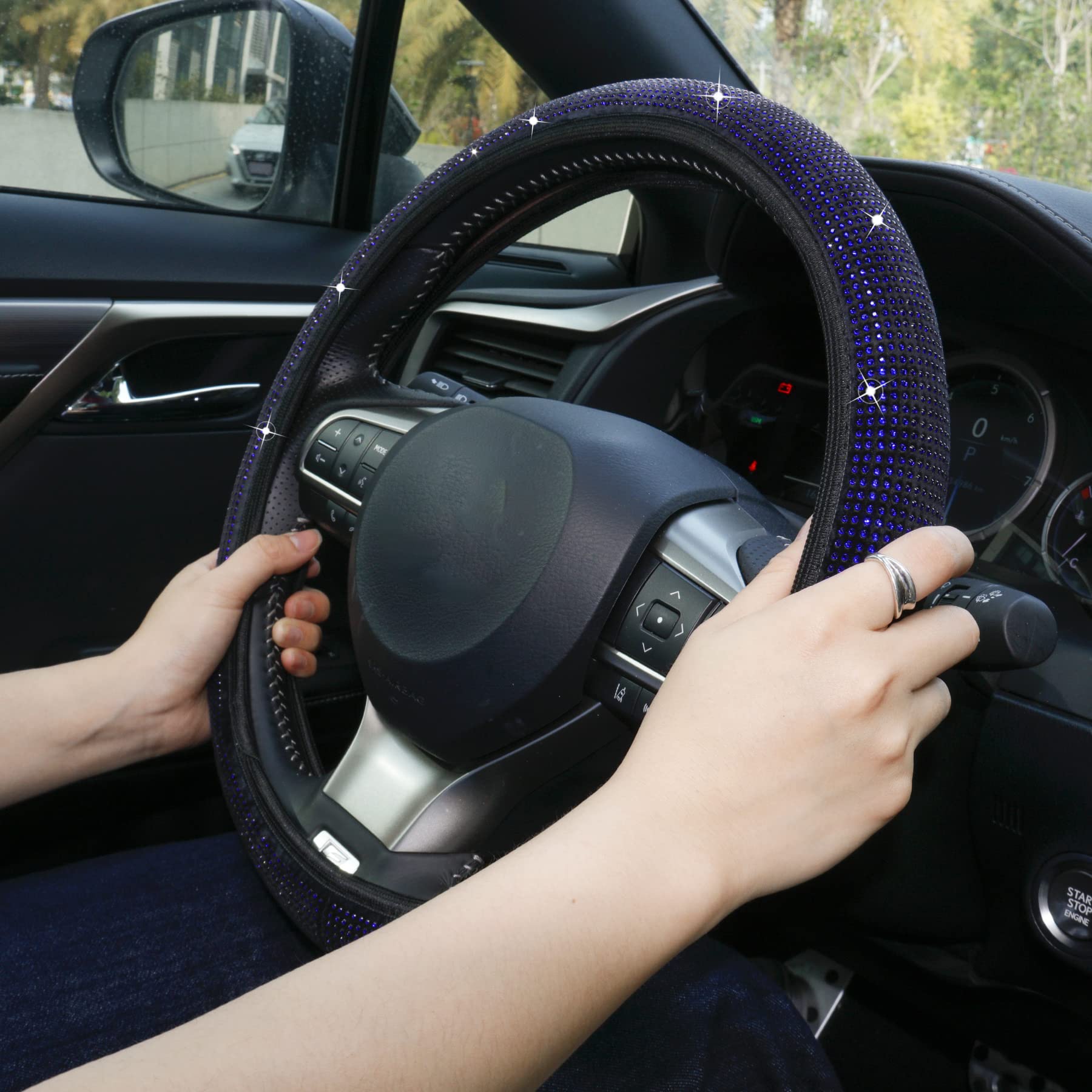 Sparkly Rhinestone Steering Wheel Cover - Stretchable Elastic, Anti-Slip & Breathable - Bling Car Accessories for Women - Perfect Gift for Her - Blue - Great for Daily Commute & Road Trips