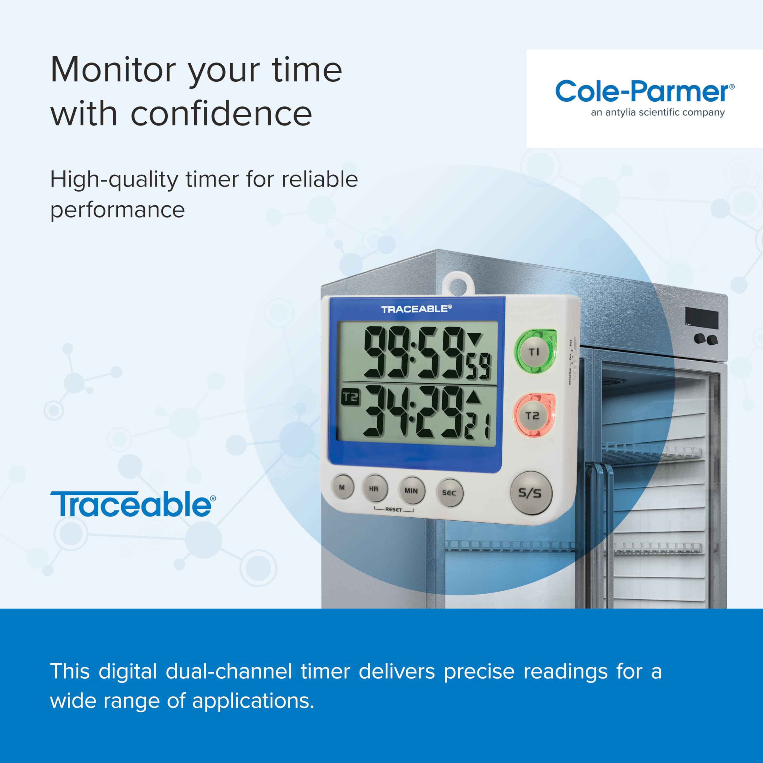 Cole-Parmer Dual Channel Flashing LED Big-Digit Timer - High Visibility Countdown/Count-Up Timer for Labs, Classrooms & Industrial Use