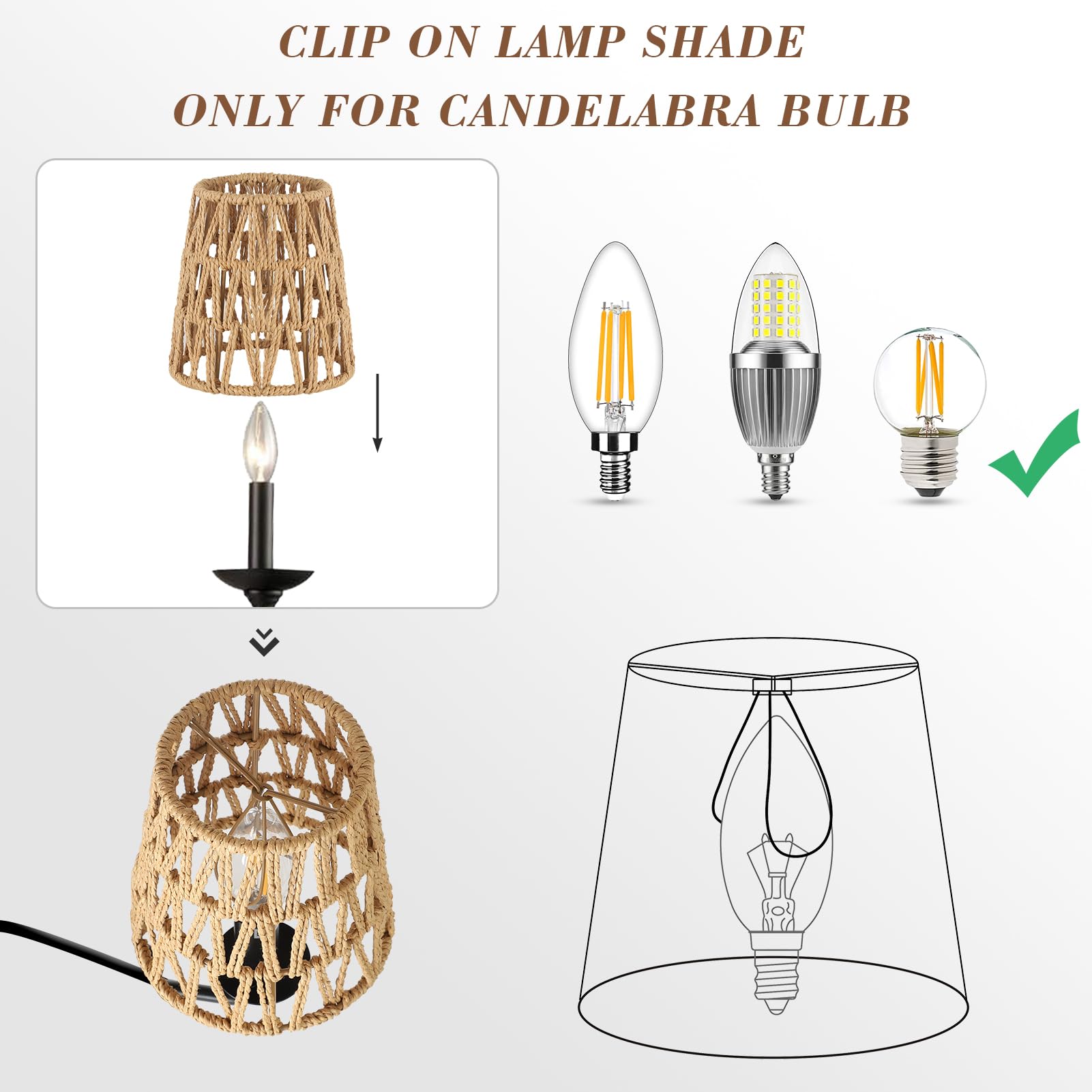 Small Lamp Shade Clip On Bulb - Set of 6 Boho Rattan Chandelier Shades, Wicker Barrel Lampshade Replacement for Vanity, Table, Floor, Wall Sconces & Pendant Lights - Perfect for Bedroom, Living Room & Office Decor