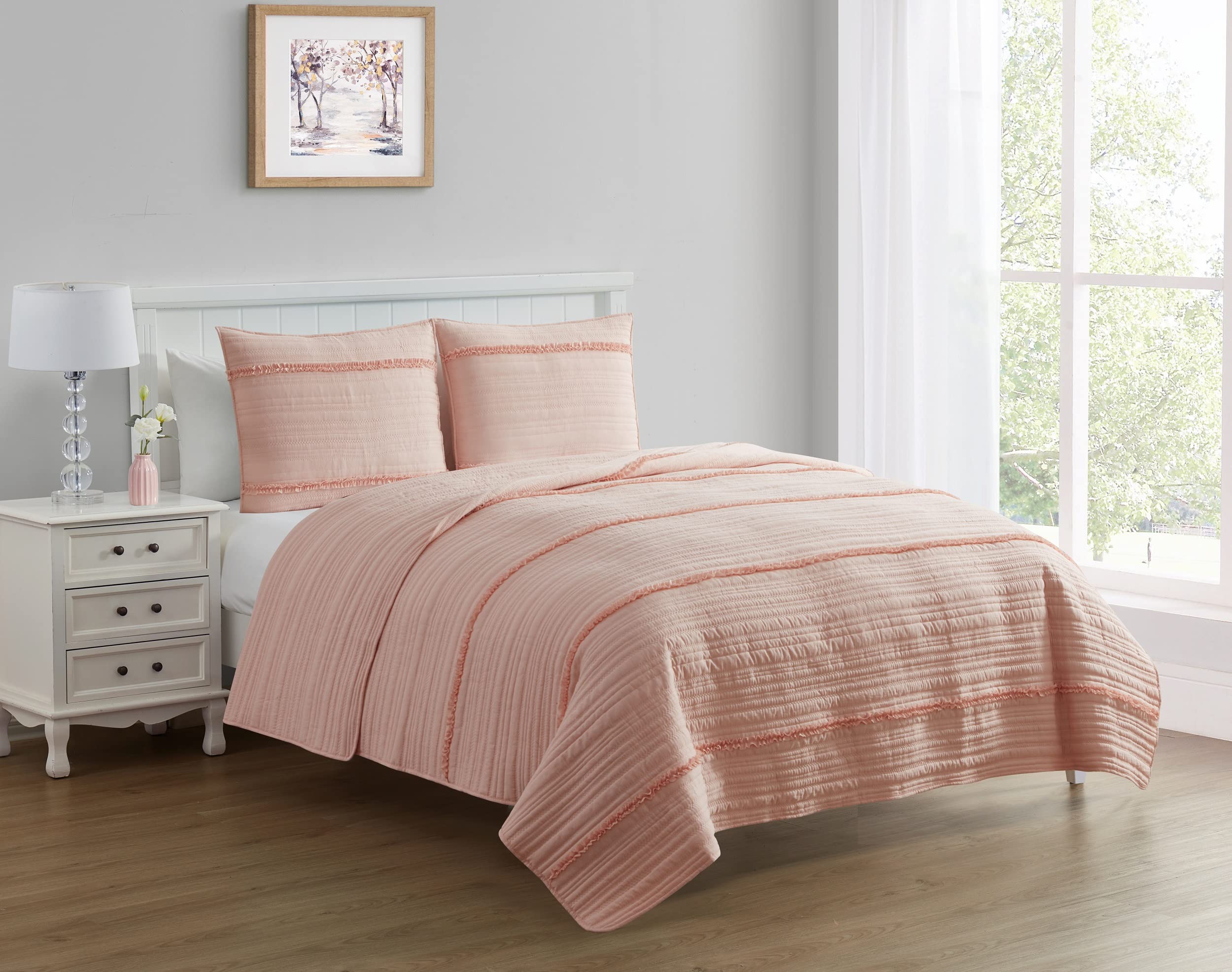 Blissful Living Luxury Ruffle Quilt Set with Shams - Ultra Soft Lightweight Bedding for All Seasons | Twin, Full/Queen & King Sizes | Perfect for Master Bedrooms, Guest Rooms & Cozy Retreats (Full/Queen, Pale Blush)