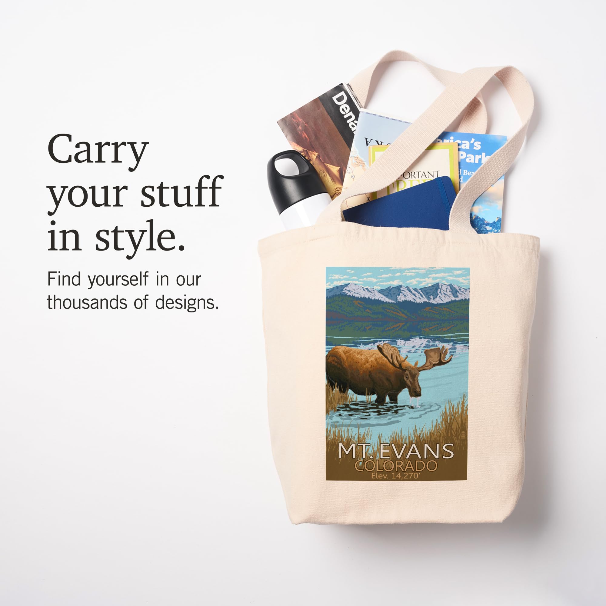 Lantern Press Mt. Evans Colorado 14,270ft Moose and Lake Cotton Canvas Reusable Tote Bag - Eco-Friendly Shopping & Beach Tote for Groceries, Books & Travel