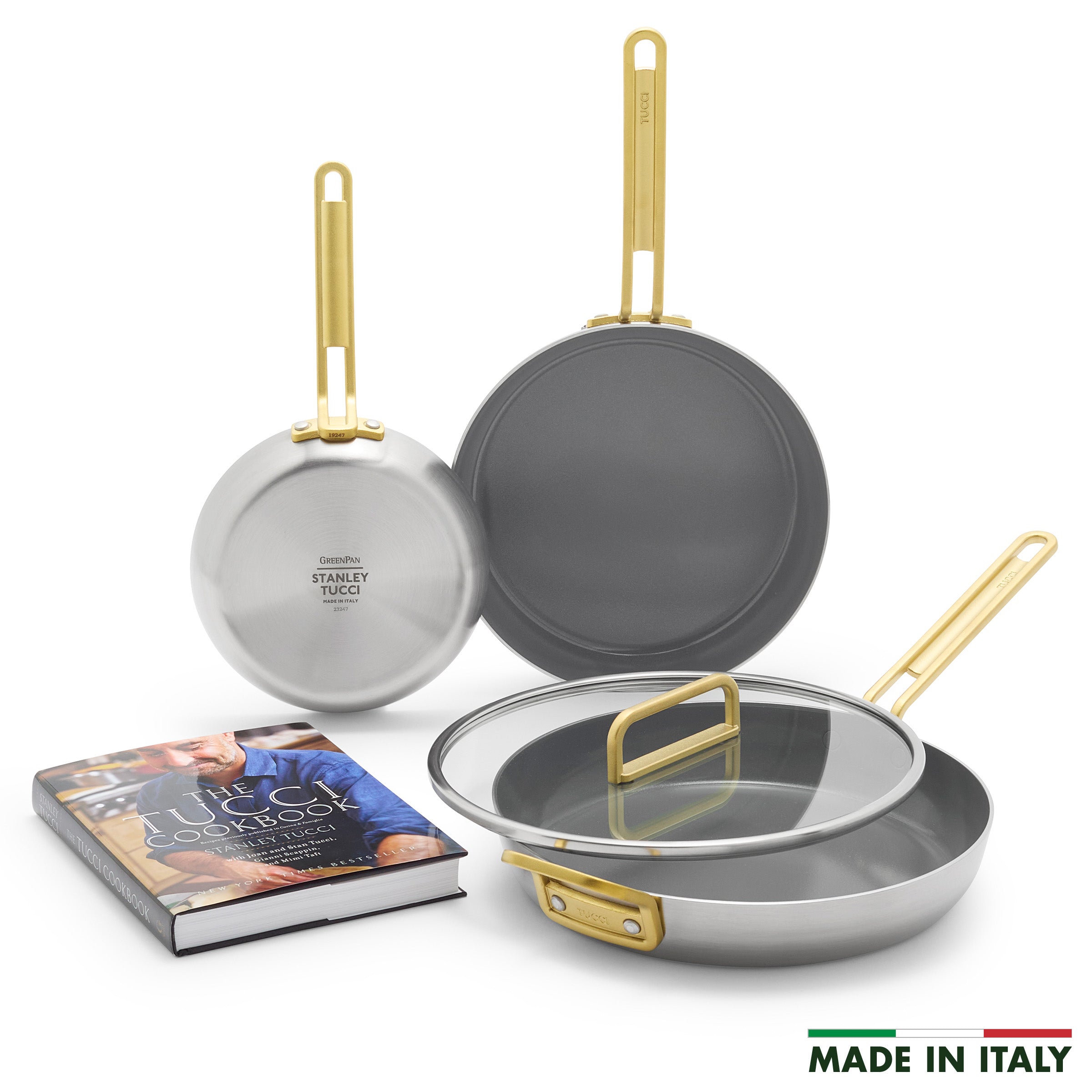 Stanley Tucci™ 4-Piece Stainless Steel Ceramic Nonstick Fry Pan Set with Champagne Handles & Free Tucci Cookbook – Perfect for Sautéing, Frying & Everyday Cooking
