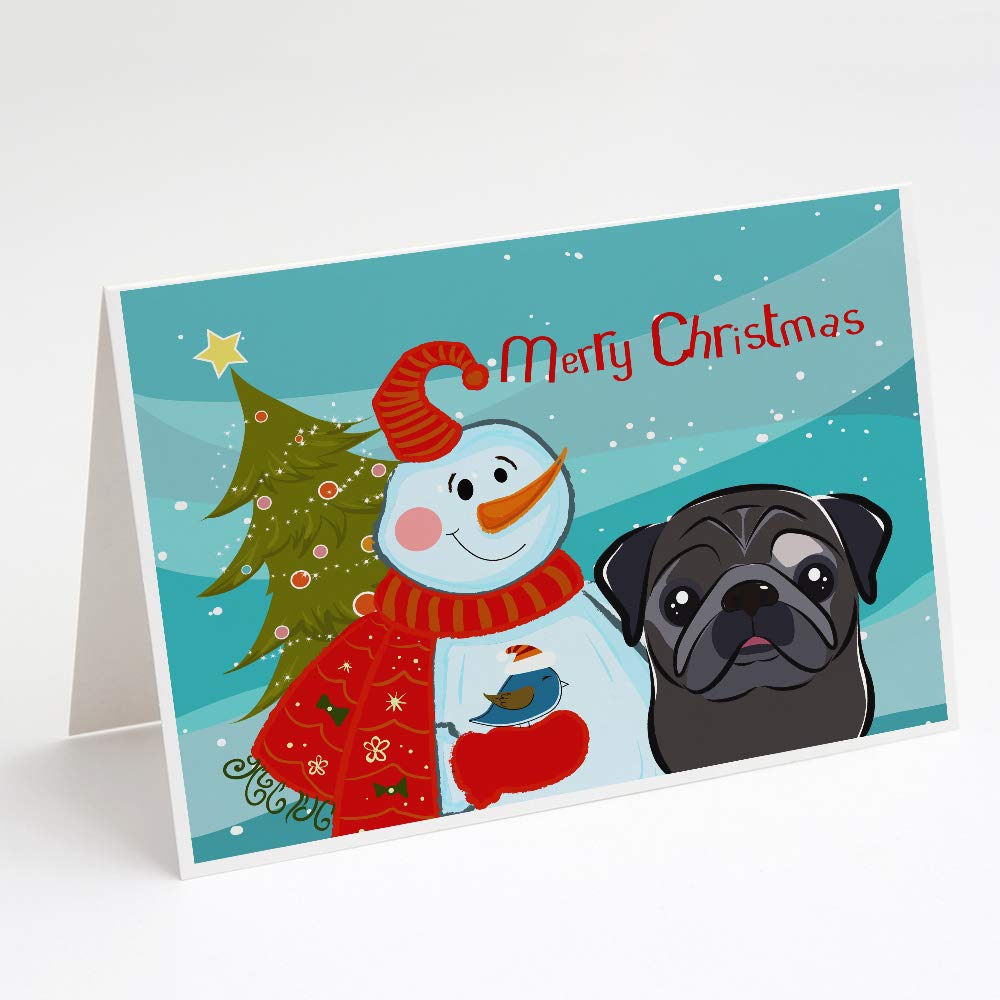 Snowman with Black Pug Blank Greeting Cards - Pack of 8 A7 Size (5x7) Note Cards with Envelopes | Whimsical Holiday Stationery for Christmas Gifts, Thank You Notes & Winter Greetings