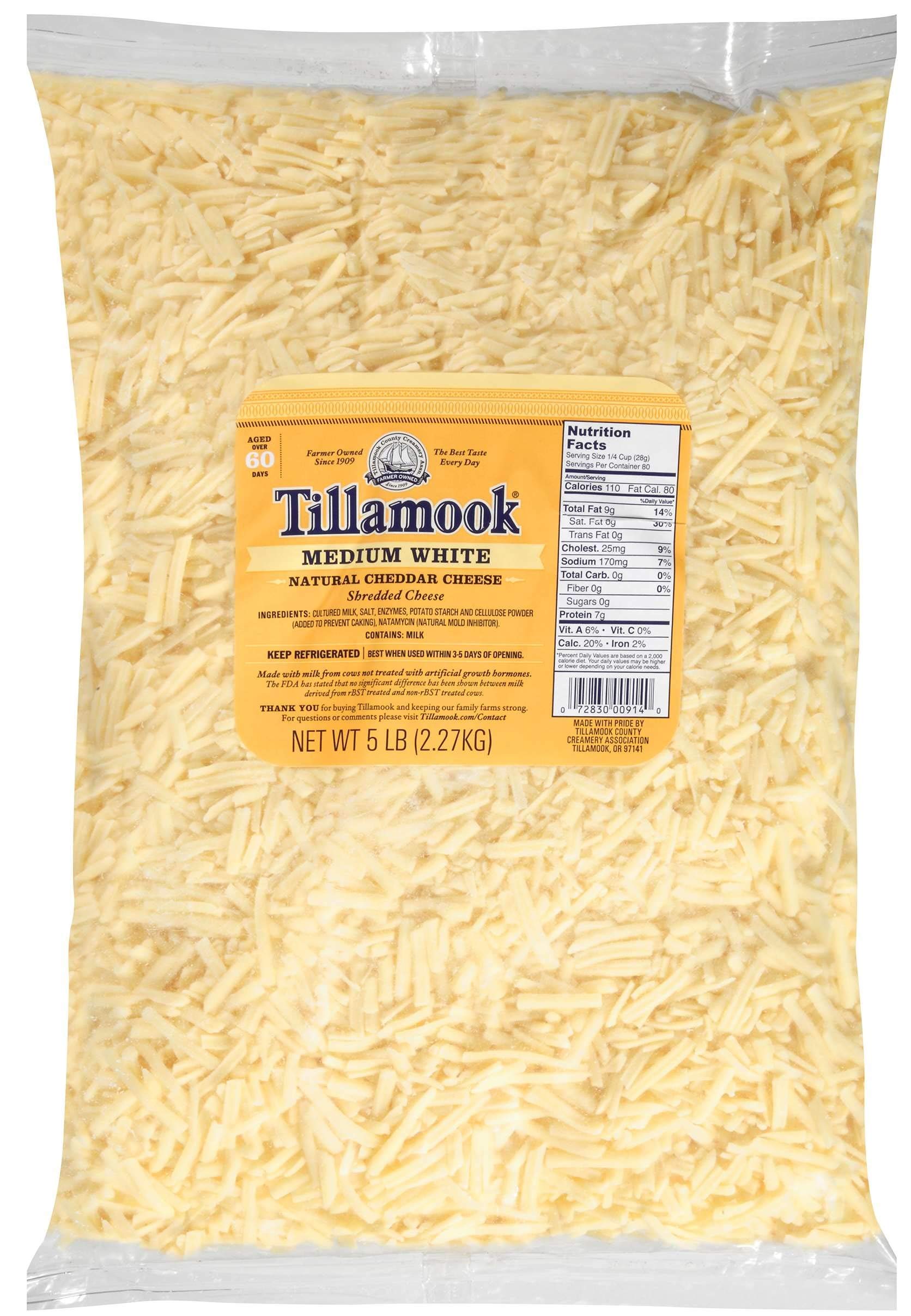 Tillamook White Medium Shredded Cheddar Cheese - 5 Pound Bulk Pack (5 Bags) - Perfect for Sandwiches, Nachos, Pizza & Baking
