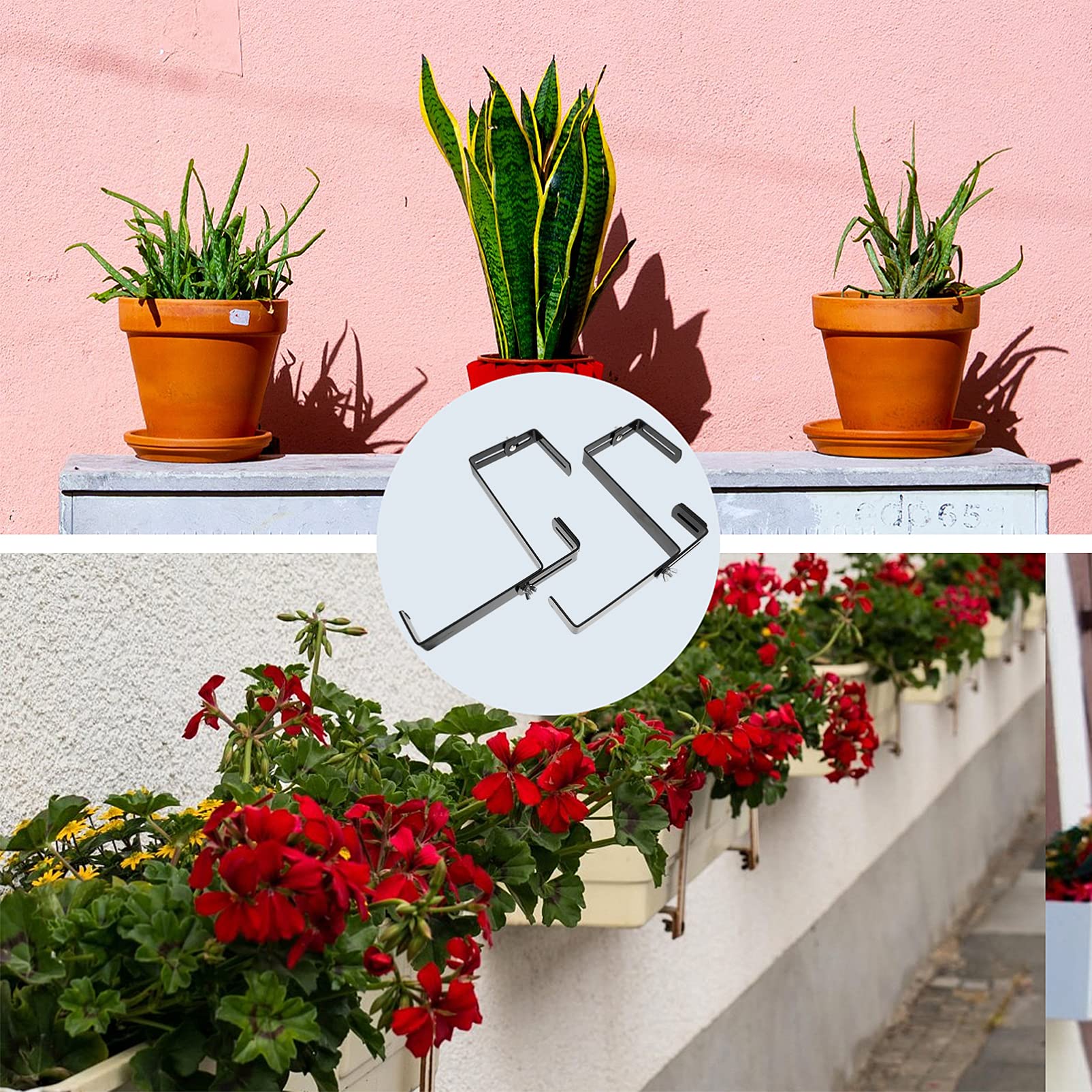 Adjustable Flower Stand Hanger - 1 Pair Iron Plant Brackets for Window, Deck & Wall - Black Flower Pot Shelf for Hanging Plants, Blinds & Home Decor (Ideal for Indoor/Outdoor Gardening & Space Saving)