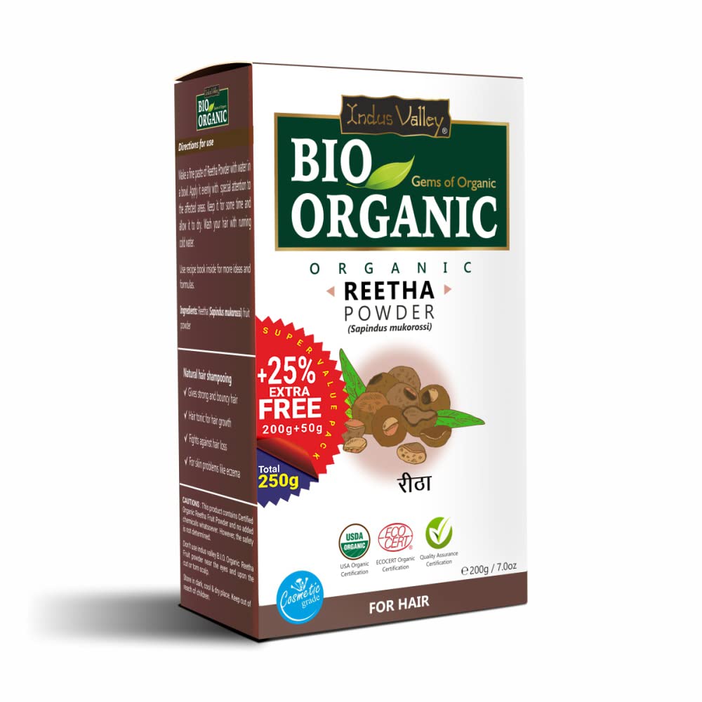 INDUS VALLEY Bio Organic Reetha Powder (Sapindus mukorossi) | 100% Organic & Chemical Free Skin Cleanser | 200g + 50g Free | Natural Hair & Body Wash for Sensitive Skin | Perfect for DIY Beauty & Ayurvedic Skincare