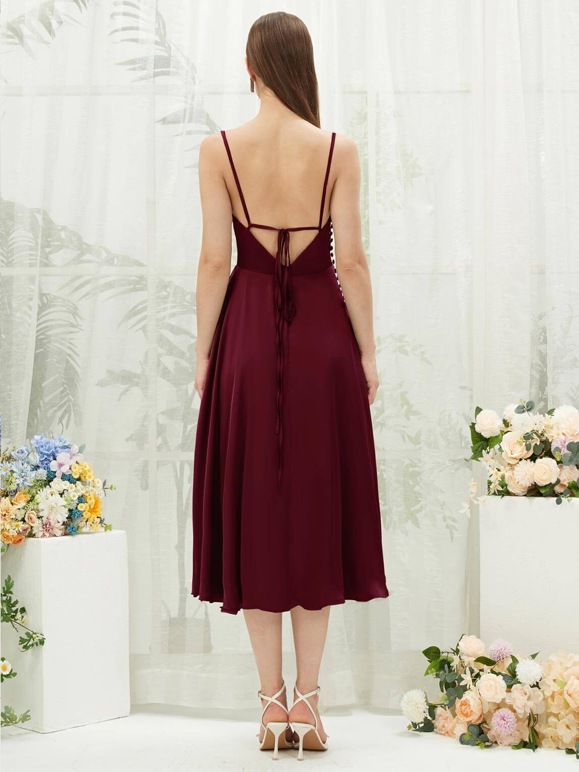 Elegant Burgundy Satin Cowl Neck Bridesmaid Dress with Spaghetti Straps & Side Slit - Perfect for Weddings, Formal Events & Evening Parties
