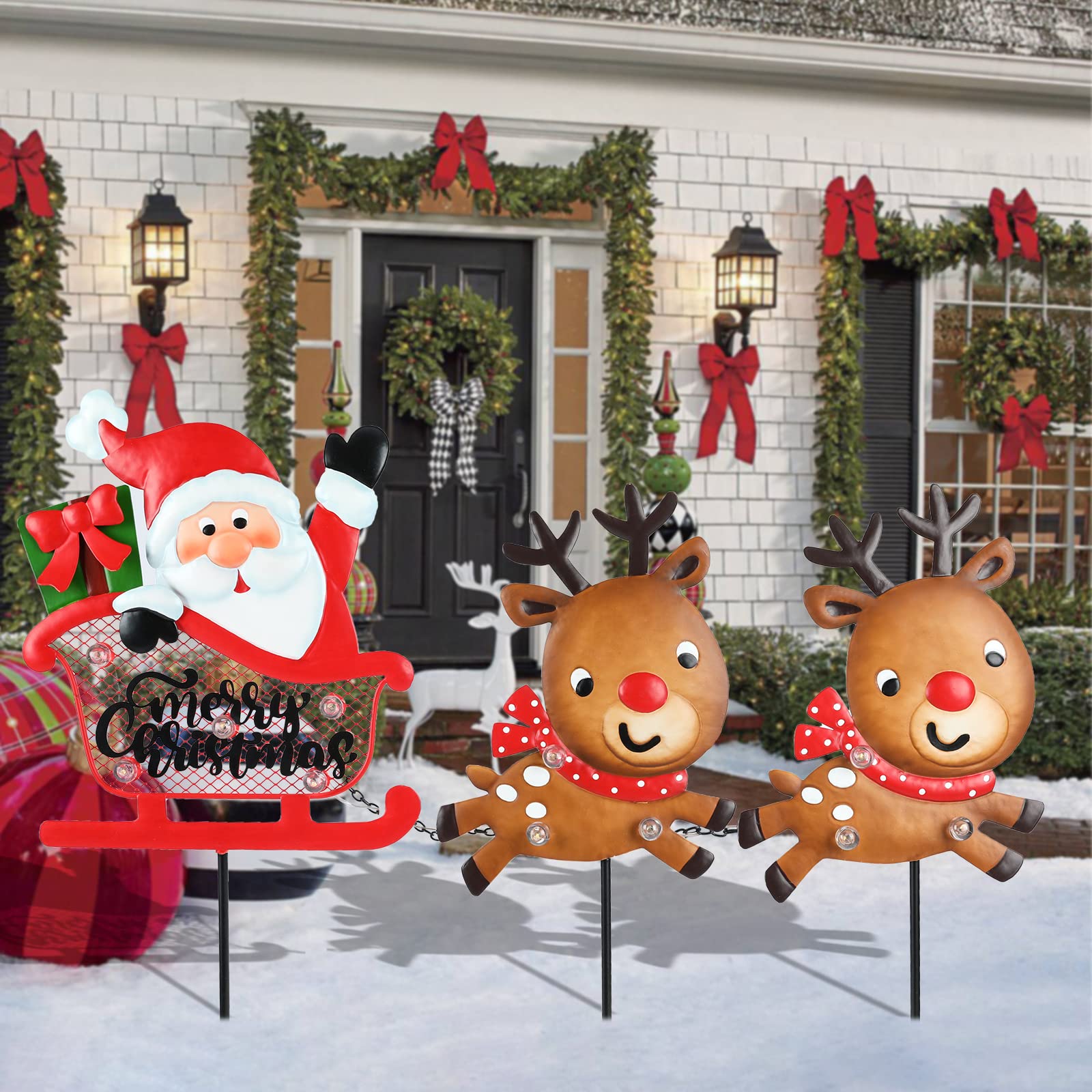 LED Santa Claus & Reindeers Sleigh Christmas Yard Stakes - Outdoor Lighted Metal Decorations for Garden, Lawn & Pathway | Perfect for Holiday Festivities, Front Yard Displays & Seasonal Celebrations