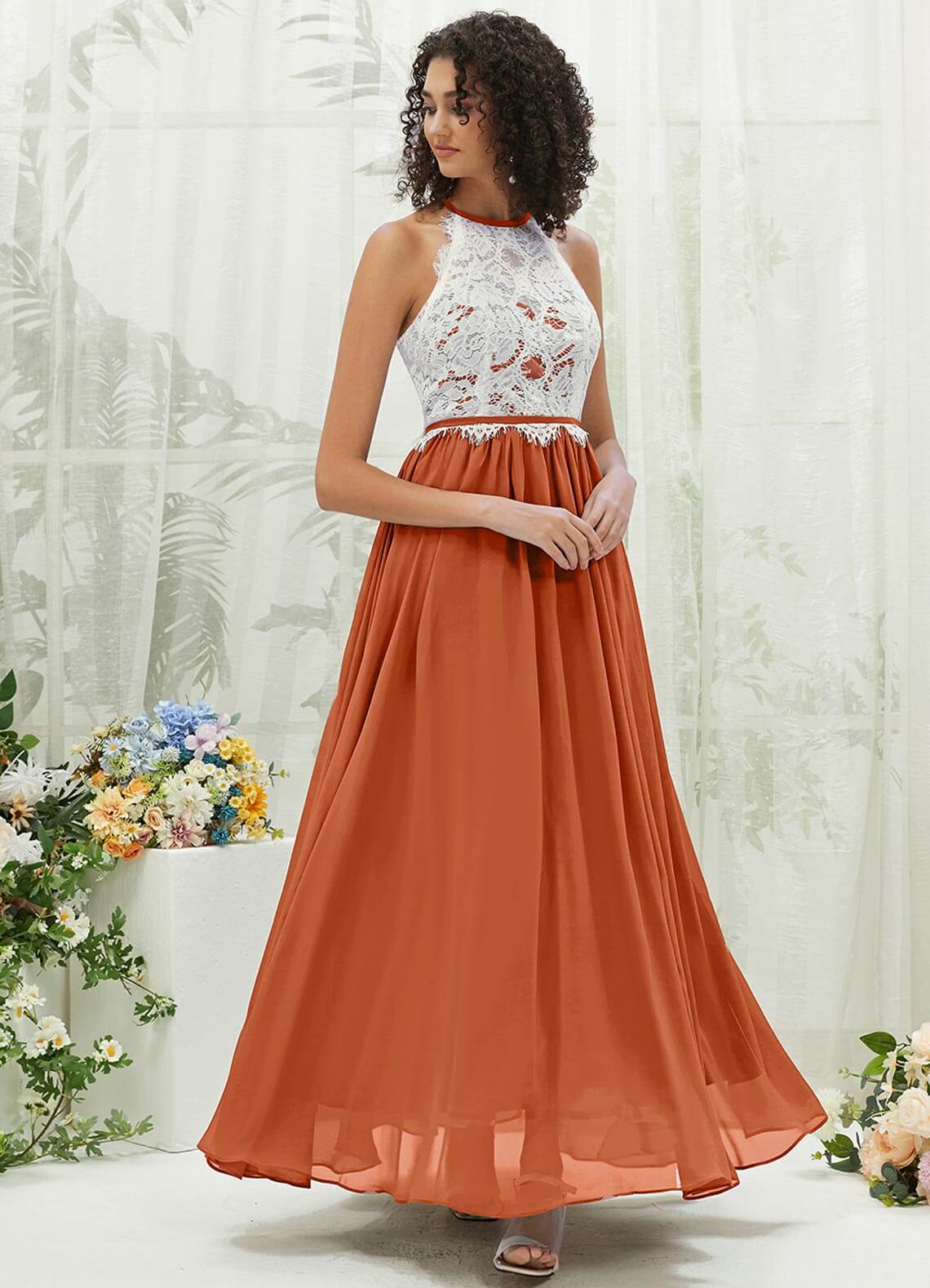 Elegant Burnt Orange Lace Halter Neck Backless Chiffon Slit Bridesmaid Dress - Perfect for Weddings, Parties & Formal Events