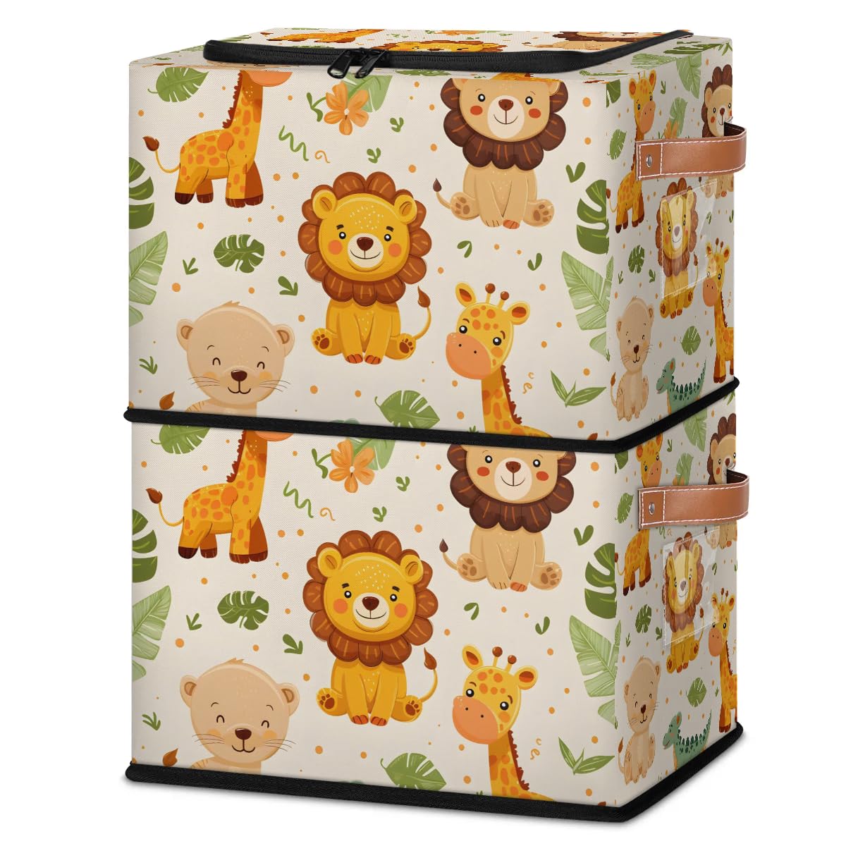 Collapsible Storage Bins with Lids - Jungle Animal Print Stackable Fabric Storage Cubes | Dustproof Closet Organizer for Clothes, Toys, Blankets | Perfect for Kids' Room, Nursery & Home Organization