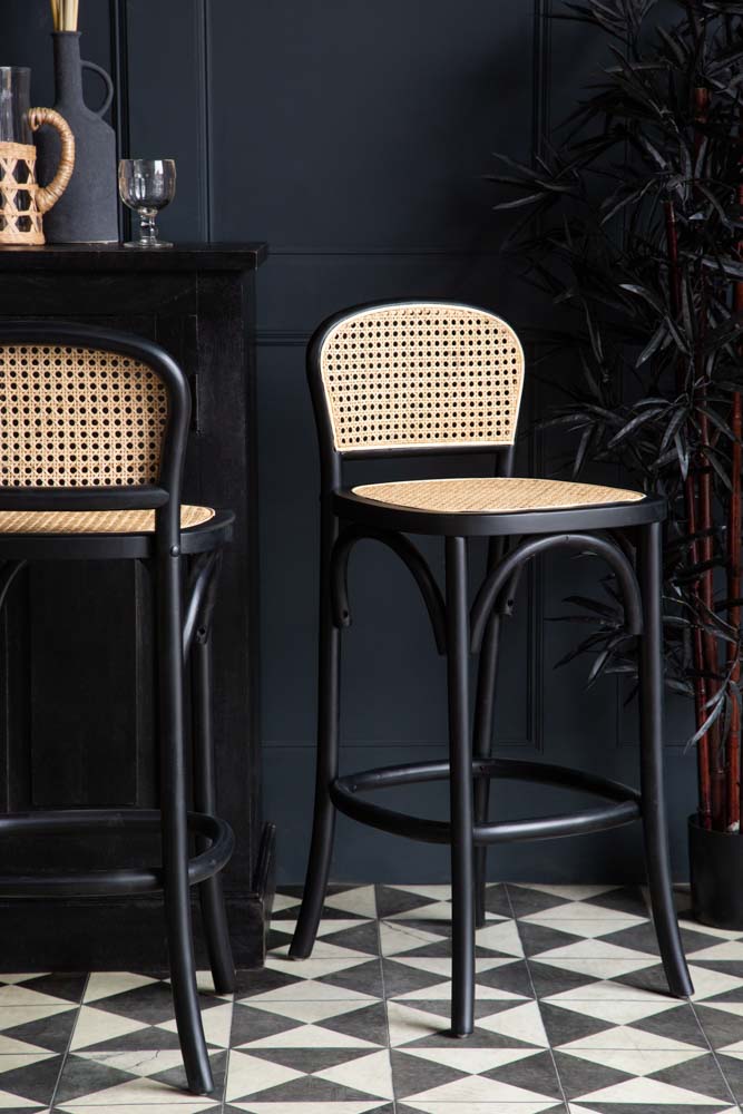 Chez Pitou Black Wood & Woven Cane Bar Stool - Modern Kitchen Island & Counter Height Stool for Dining & Home Decor