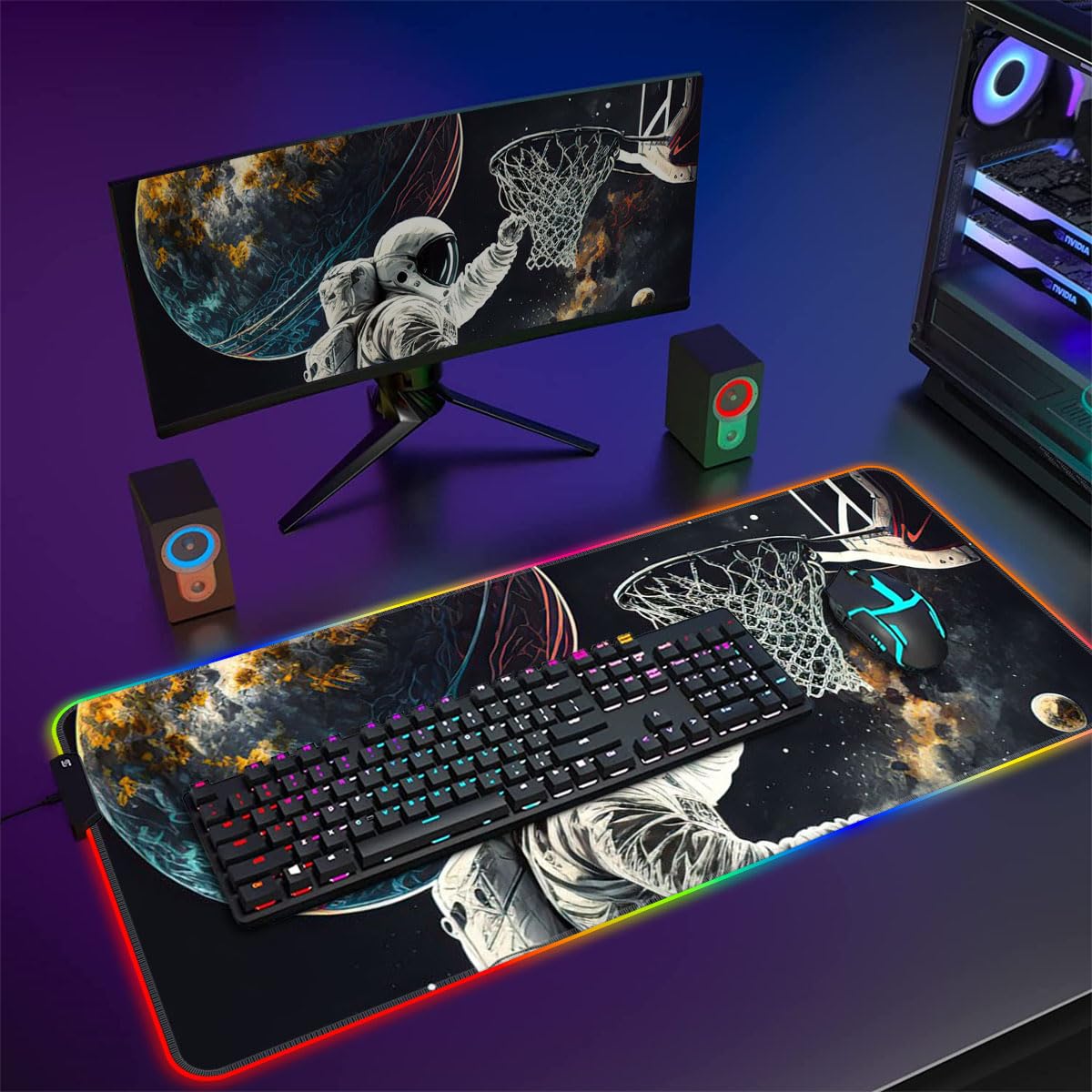 HEYCE Extended Gaming Mouse Pad with LED - Large 60x35cm Astronaut Basketball Space Design - Non-Slip Desk Mat for PC, Laptop, Office & Gaming Setup - Perfect for Work, Gaming & Home Office Use