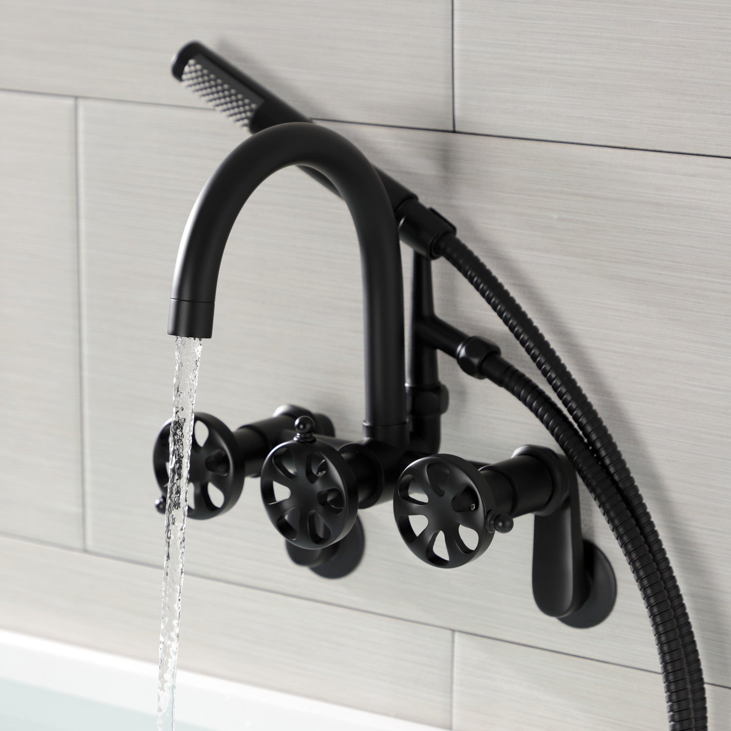 Belknap AE8150RX Matte Black 3-Handle 2-Hole Wall Mount Clawfoot Bathtub Faucet with Hand Shower - Vintage Style for Classic Bathrooms & Spa Retreats