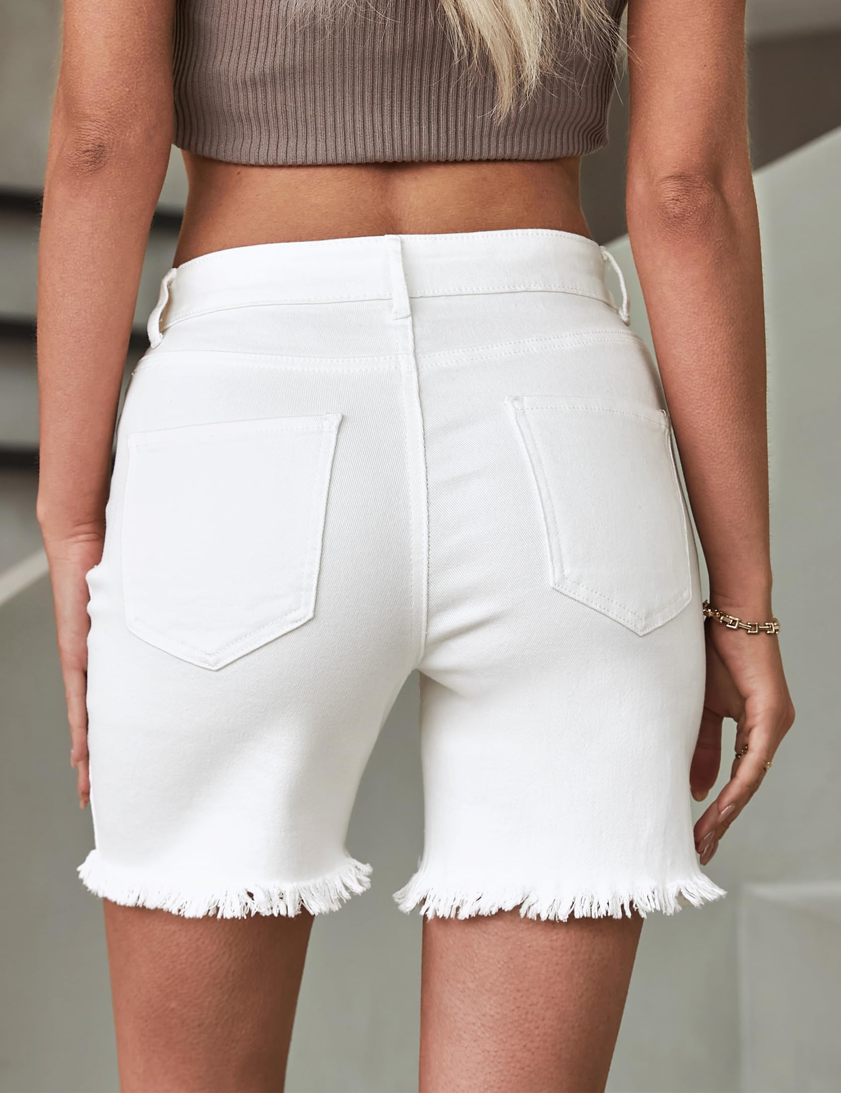 Luvamia Women's High Waisted Distressed Denim Shorts - Stretchy Ripped Raw Hem Jean Shorts for Casual Wear | Perfect for Summer Outfits, Beach Vacations & Street Style Fashion