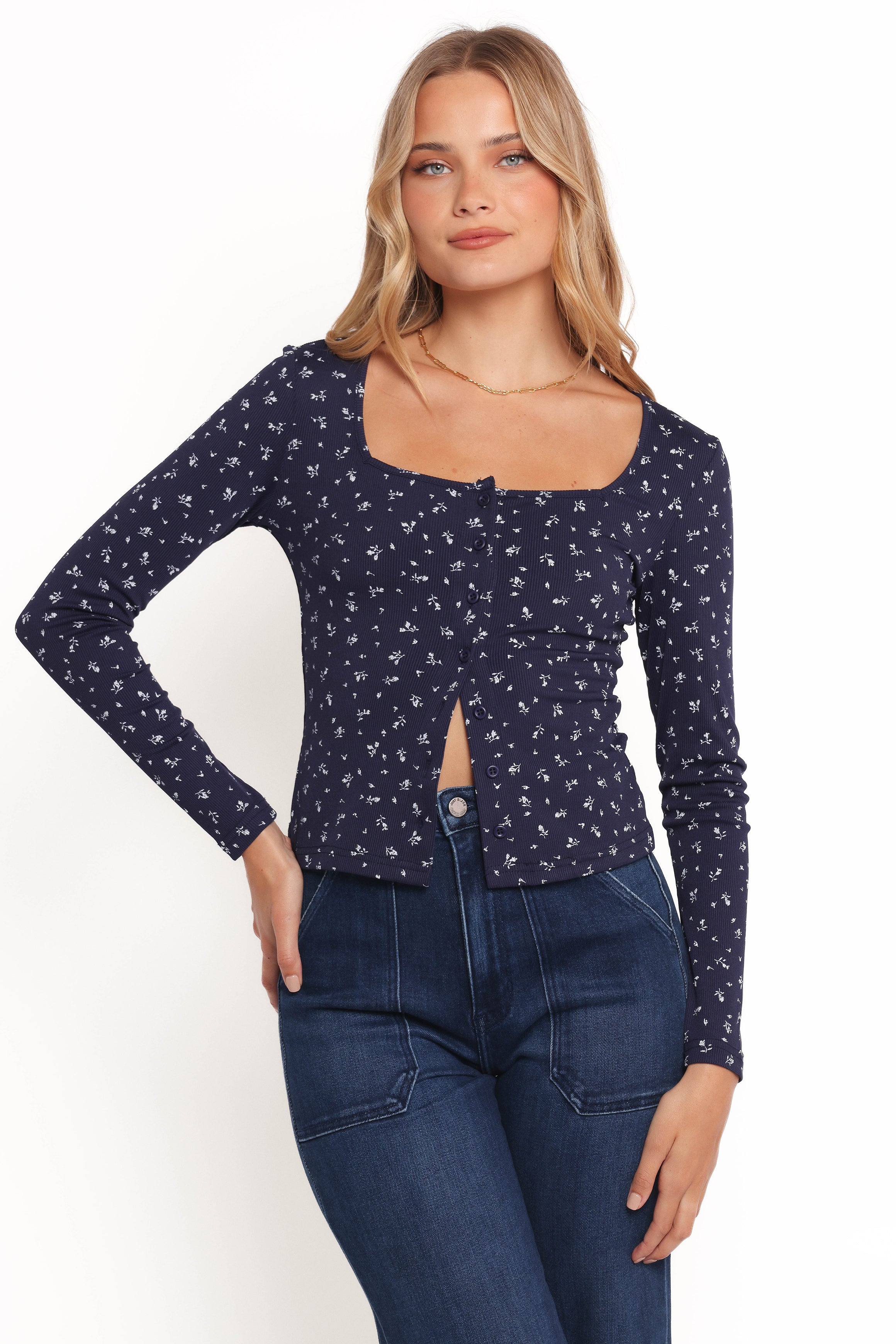Keanu Women's Long Sleeve Blouse - Navy Blue Floral Print Ditsy Pattern Tops for Casual Wear & Office Outfits