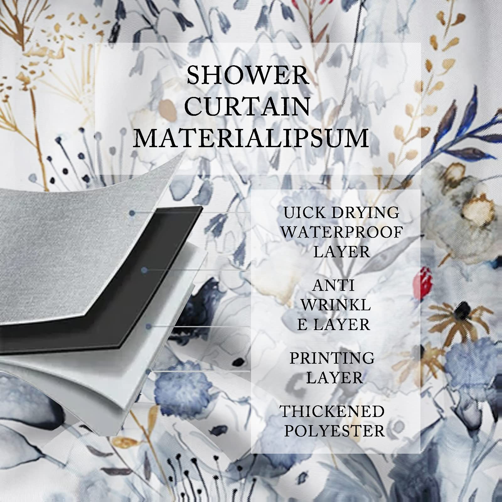 Floral Shower Curtain 72x78 Inches - Waterproof Polyester Bathroom Decor with 12 Hooks - Elegant Bloom Design for Master Bath, Guest Bath & Dorm Room Decor