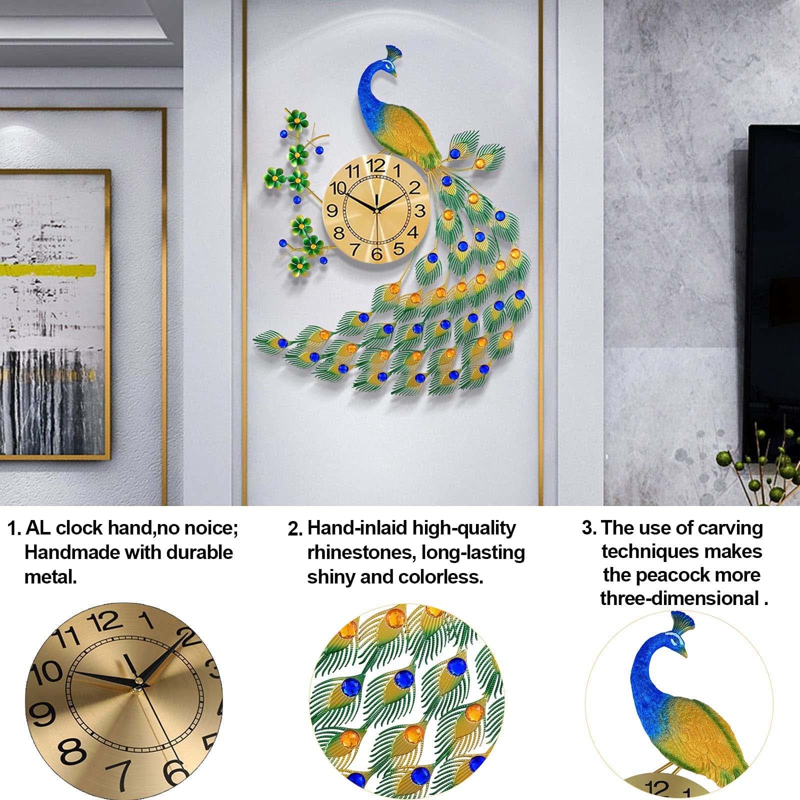 30.7 Inch Large Peacock Wall Clock - Silent Non-Ticking Metal Art Digital Clock for Living Room, Bedroom & Office Decor | Elegant Home Wall Decor