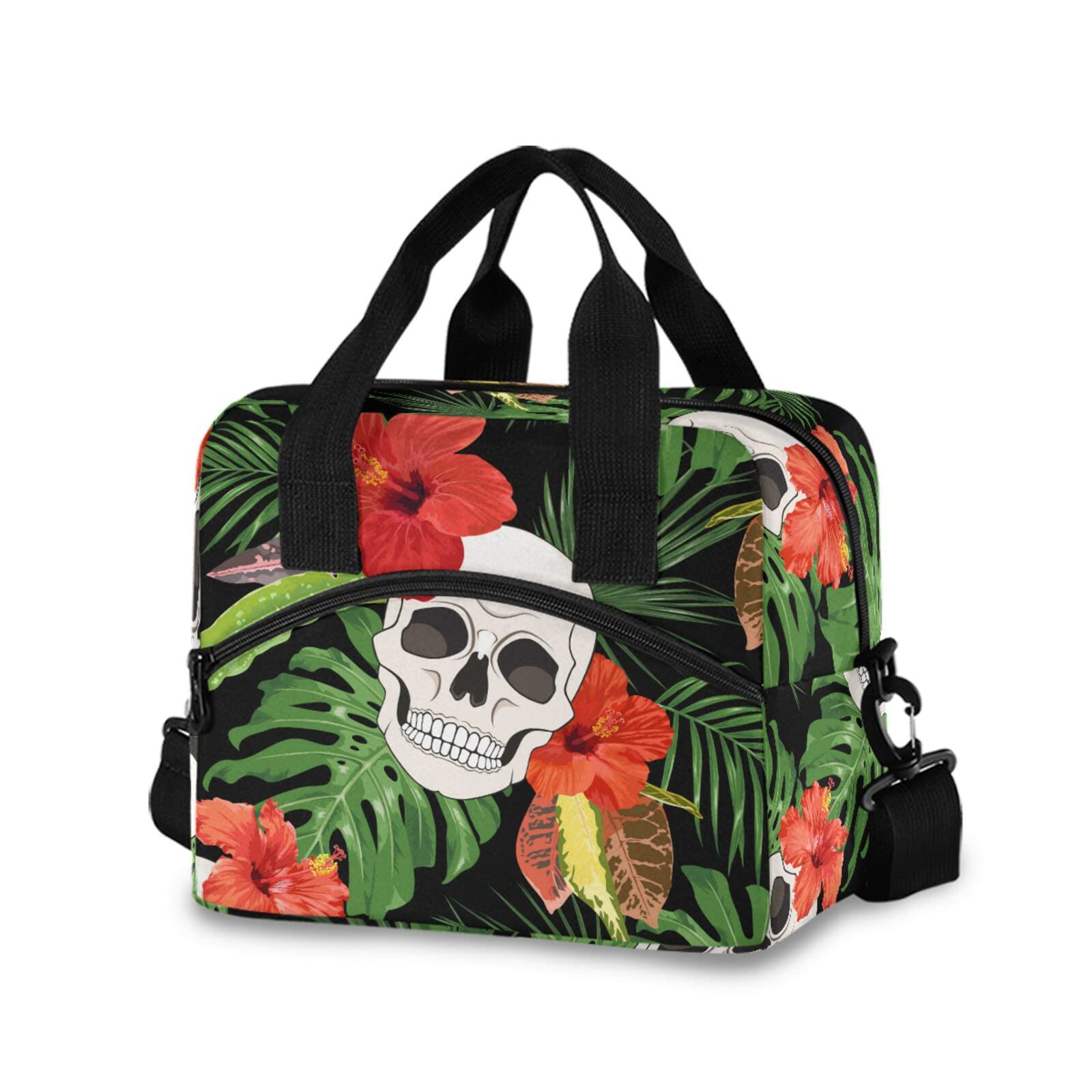 KFBE Insulated Lunch Bag with Removable Shoulder Strap - Skull Pattern Thermal Cooler Tote for Work, Picnic & Beach - Red Floral Design - Perfect for Keeping Snacks Fresh at Office, School or Outdoor Activities