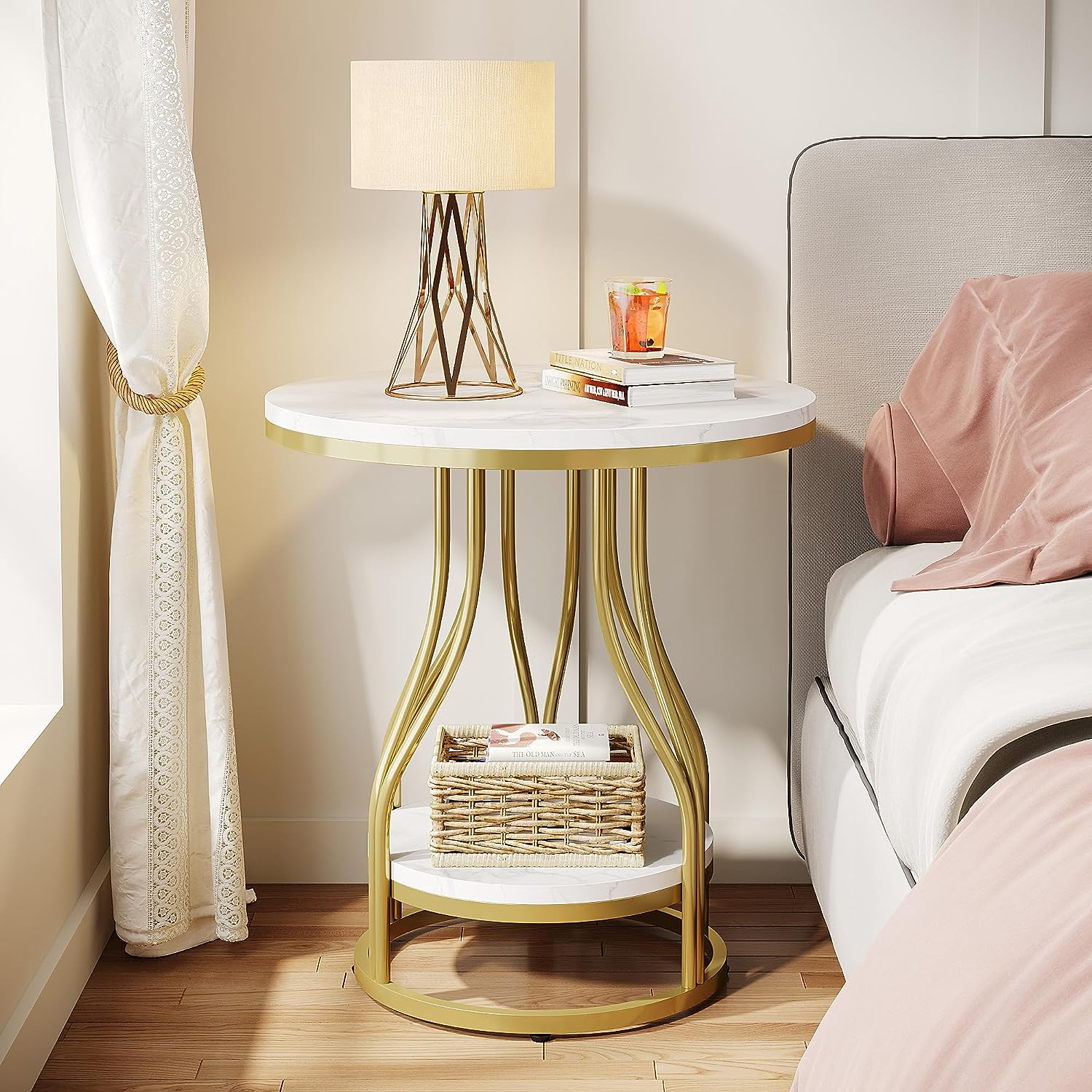 2 Tier Round End Table with Metal Frame - Stylish Sofa Side Table for Living Room, Bedroom, or Office - Perfect for Holding Lamps, Books, and Decor