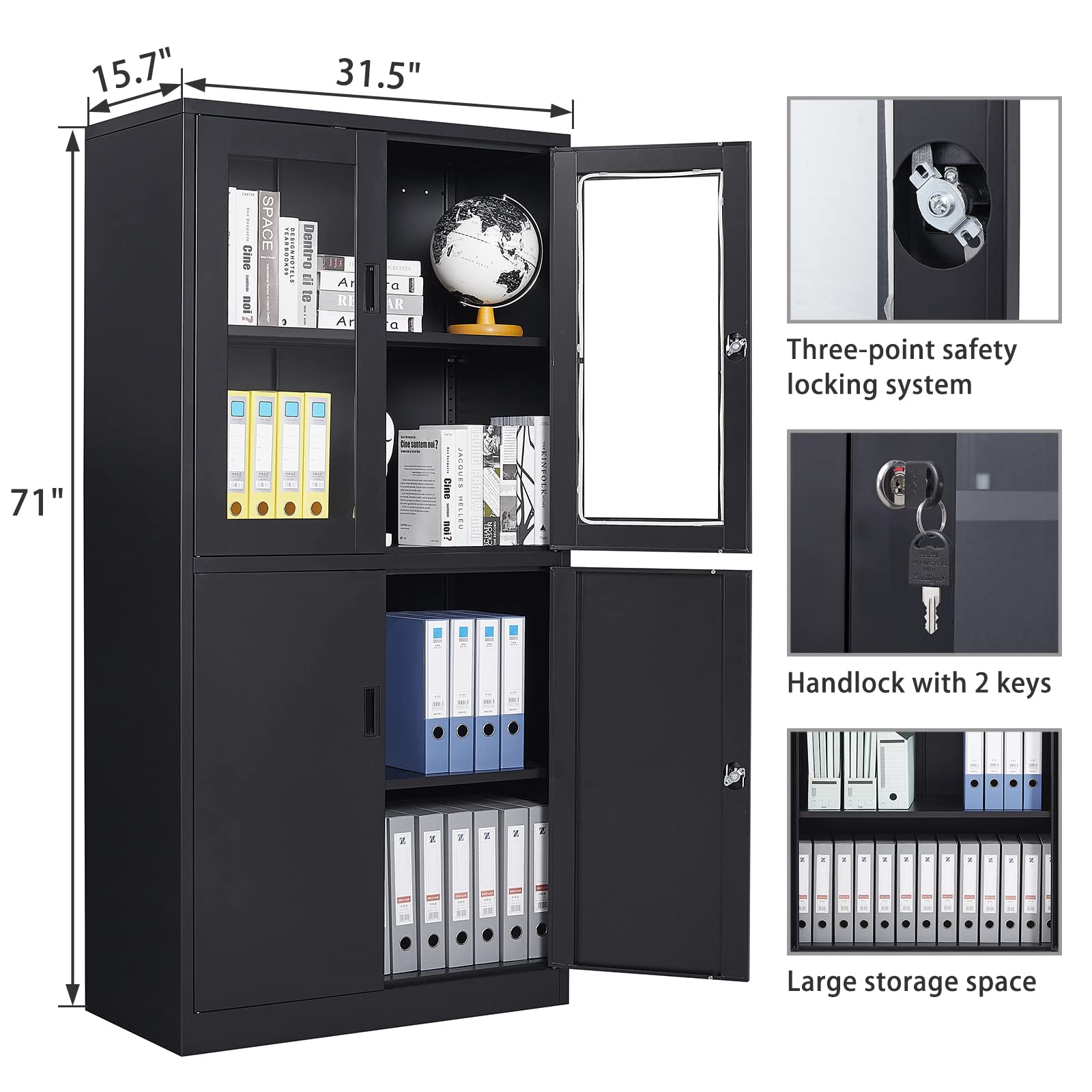 Black Metal Display Cabinet with Glass Doors & Lock - Freestanding Storage Cabinet for Kitchen, Pantry, Bathroom or Home Office - Perfect for Organizing Dishes, Food, Towels & Office Supplies